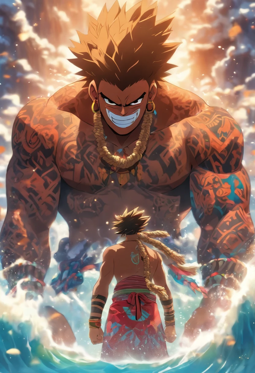 (((Hombre con gancho)) La mejor calidad, Ultra-high resolution, CG detallado 4K, Obra maestra, Maui, joven, Ropa hawaiana, Hawai, Māori tattoos, Māori Mythology, ((gancho gigante)), Māori Picture Style, aesthetic, Centrado en la pantalla, cuerpo completo