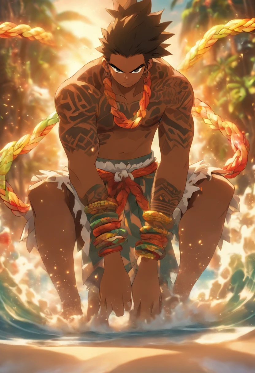 (((Havaiano segurando uma corda)) best quality, ultra-high resolution, CG detalhado 4K, master part, Maui, Man, propriedade, Puxando, Roupas havaianas, tatuagens maori, ((Rope in hands)) , Estilo da imagem Maori, aesthetic, centrado na tela, corpo inteiro