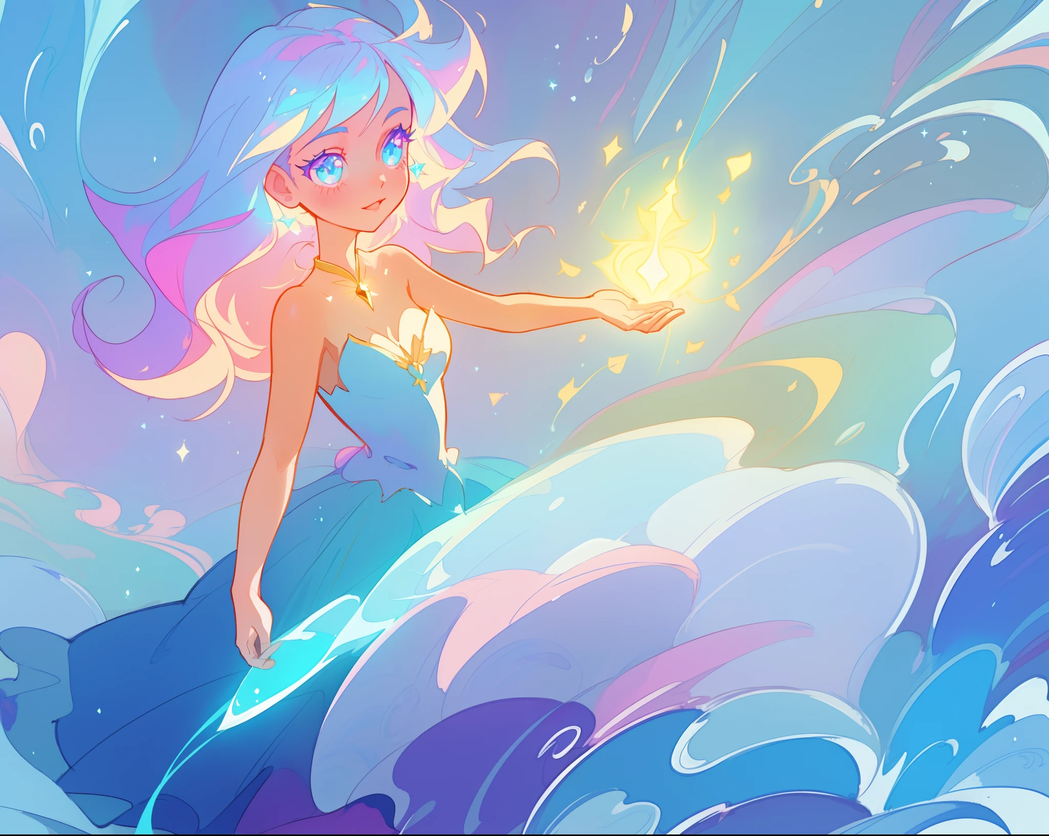 beautiful anime girl in princess ballgown, beautiful girl controlling magical water, vibrant pastel colors, (colorful), magical lights, sparkling lines of light, inspired by Glen Keane, inspired by Lois van Baarle, disney art style, by Lois van Baarle, glowing aura around her, by Glen Keane, jen bartel, glowing lights! digital painting, flowing glowing hair, glowing flowing hair, beautiful digital illustration, fantasia background, whimsical, magical, fantasy, beautiful face, ((masterpiece, best quality)), intricate details, highly detailed, sharp focus, 8k resolution, sparkling detailed eyes, liquid watercolor