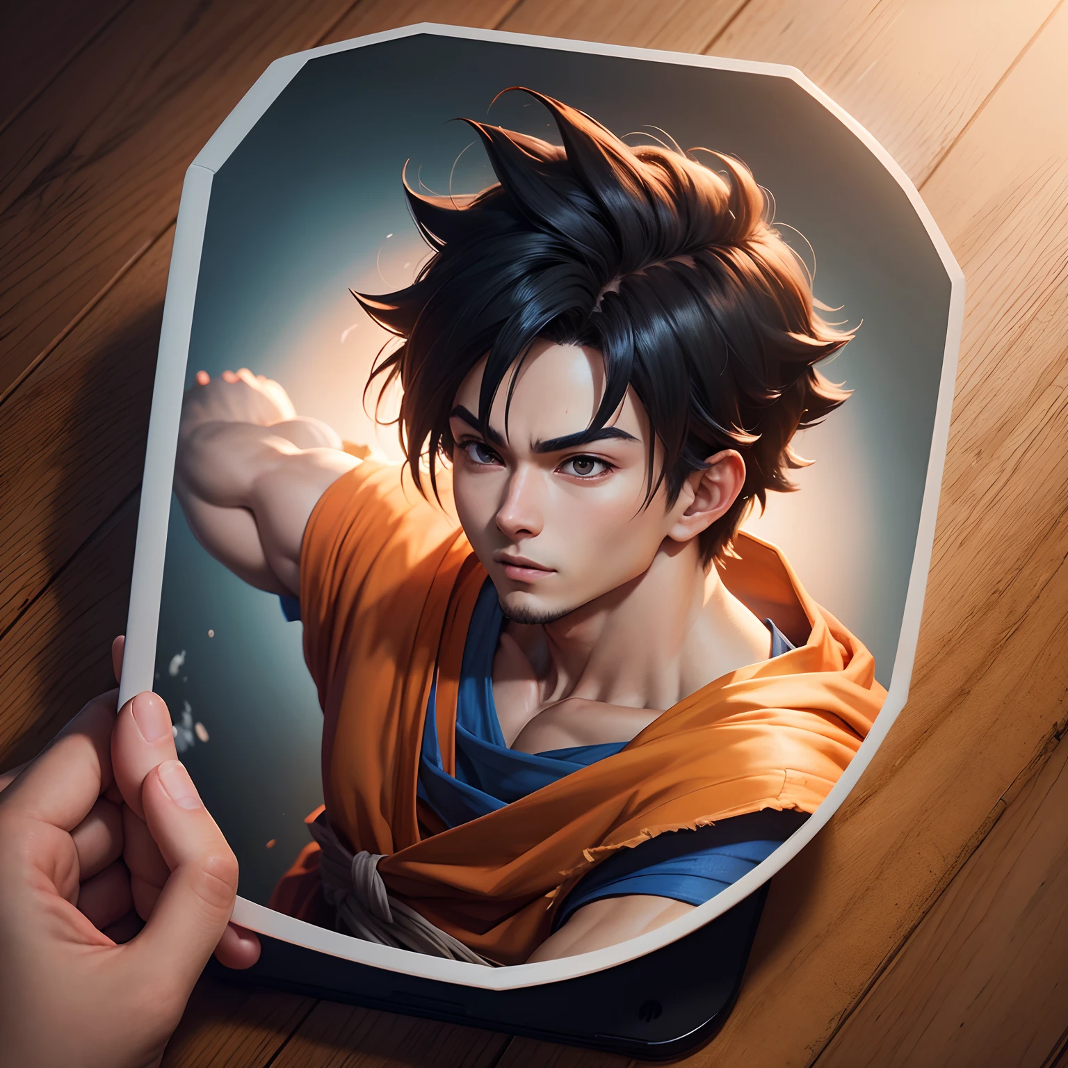 Boy Goku con un celular en la mano haciendo un vivo, Pintura digital altamente detallada, Estilo de realismo de anime, Pintura 4K, estilo 3D de anime realista