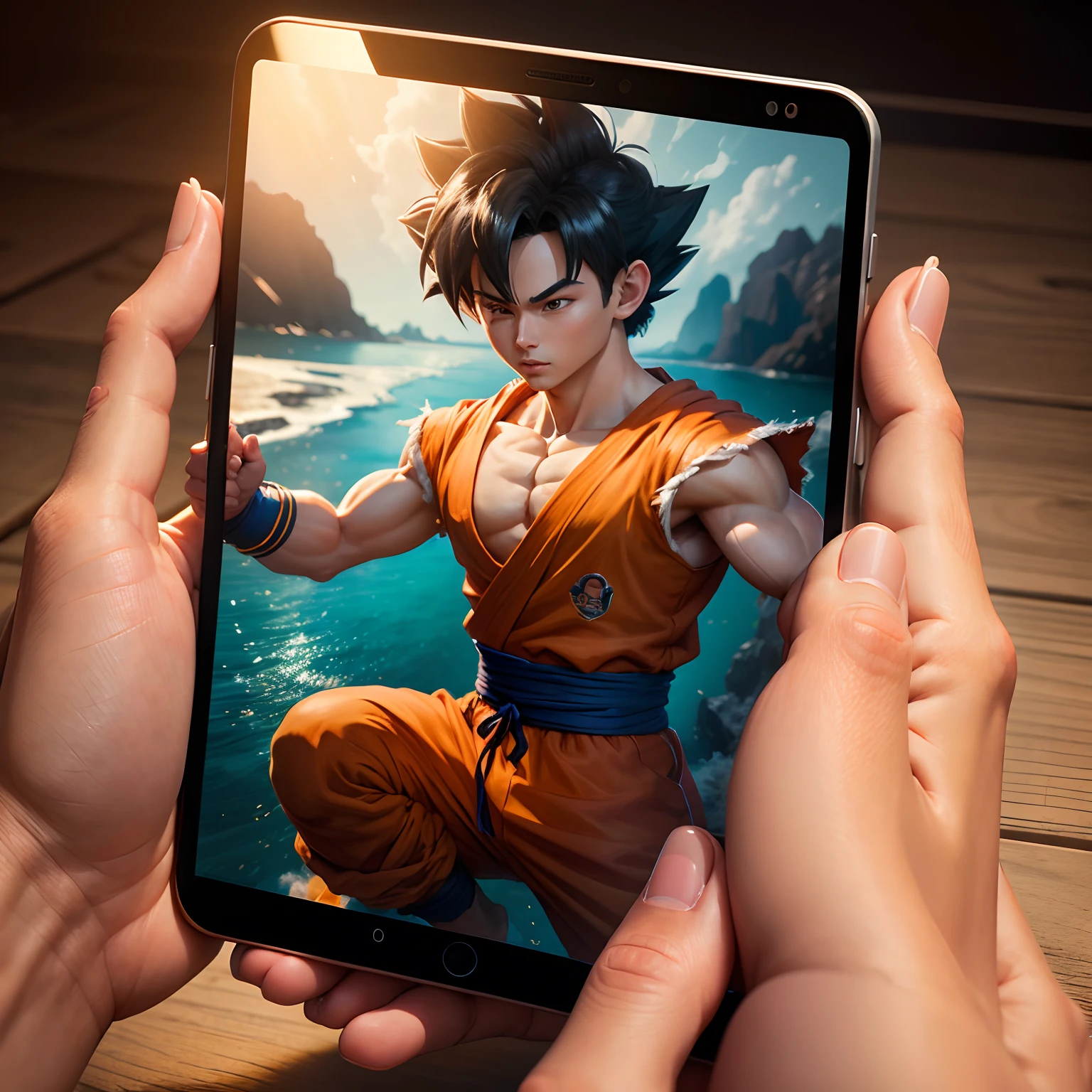 Boy Goku con un celular en la mano haciendo un vivo, Pintura digital altamente detallada, Estilo de realismo de anime, Pintura 4K, estilo 3D de anime realista