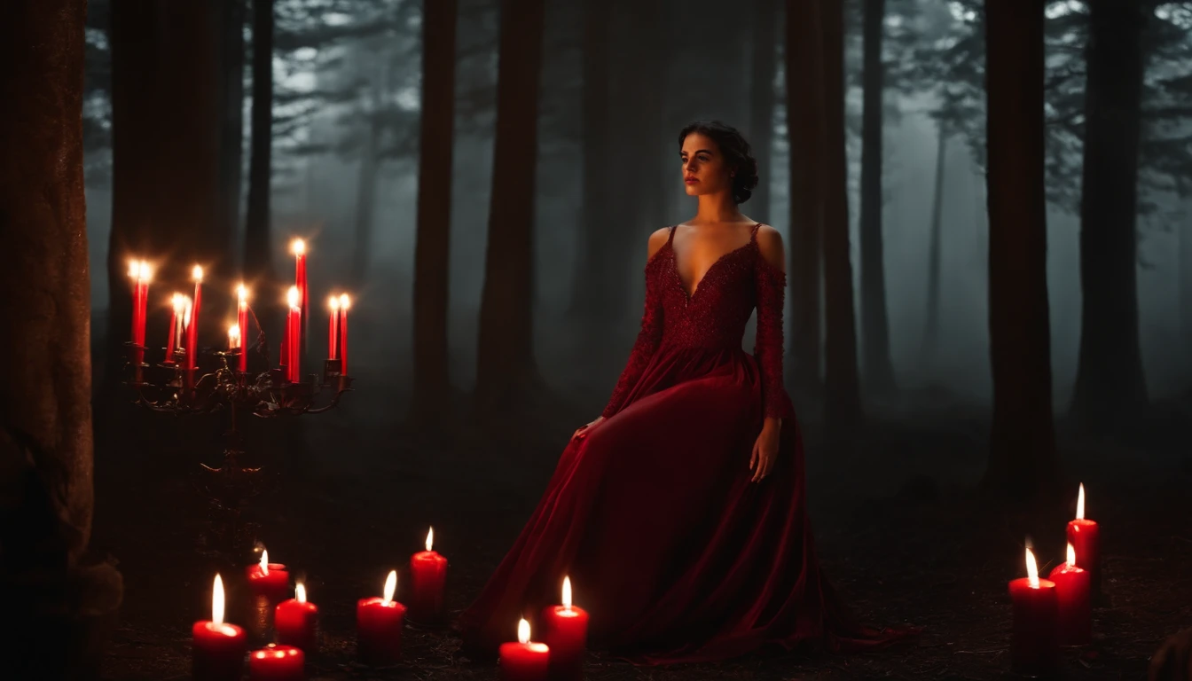 crie imagem de uma mulher vestida todo de preto estilo bata de batismo, In a mystical place surrounded by black and red candles, fazendo uma prece em uma estrada;