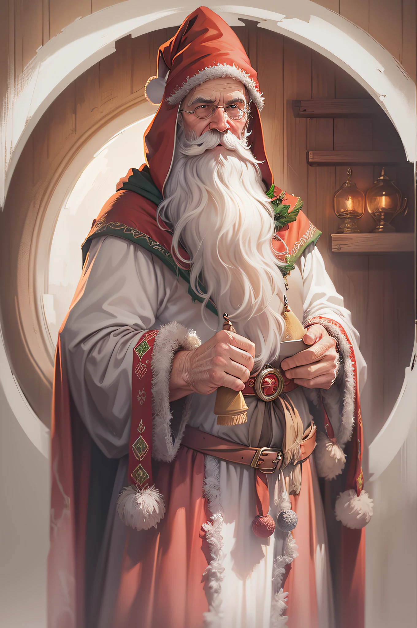 santa clause old man stand, half body, digital painting, style fantasy, style medioeval, (white background)