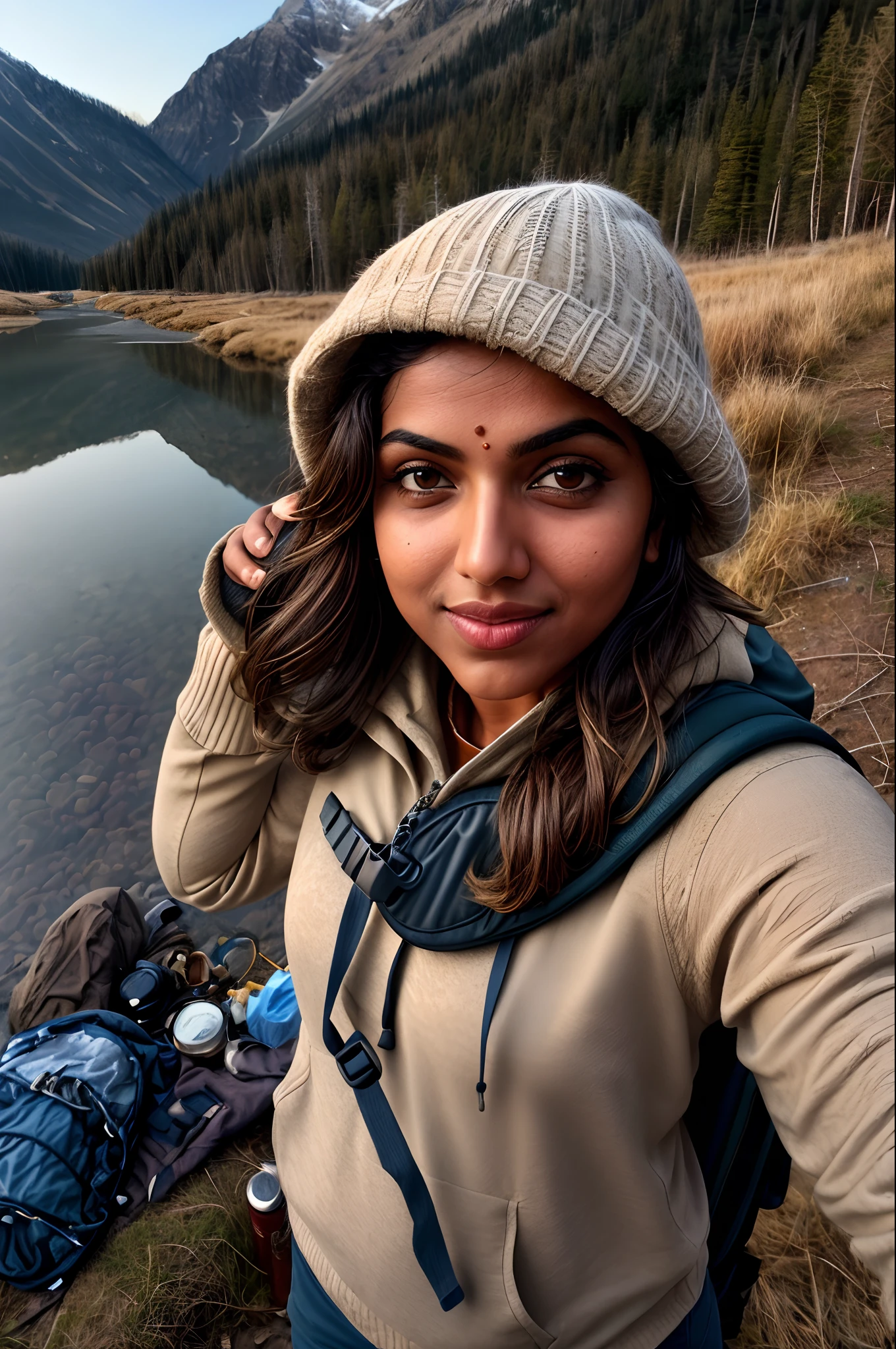 Amala Paul wildlife photographer, ((upper body selfie, happy)), masterpiece, best quality, ultra-detailed, solo, outdoors, (night), mountains, nature, (stars, moon) cheerful, happy, backpack, sleeping bag, camping stove, water bottle, mountain boots, gloves, sweater, hat, flashlight, forest, rocks, river, wood, smoke, shadows, contrast, clear sky, analog style (look at viewer:1.2) (skin texture) (film grain:1.3), (warm hue, warm tone)
:1.2), close up, cinematic light, sidelighting, ultra high res, best shadow, RAW, upper body, old man, wearing pullover