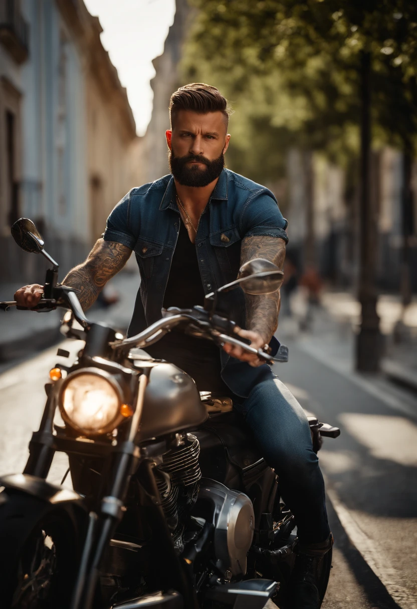 1man, tattoos on arms, five fingers, short hair, muscular, beard,shirtless, no shirt, hairy muscular chest, gold chain, necklace, open jeans, lamppost,(masterpiece, best quality, highres, ultra detailed ),spain \(city\), (driving a motorcycle on the street ) , looking at viewer, front view, dynamic pose, ripping his shirt open