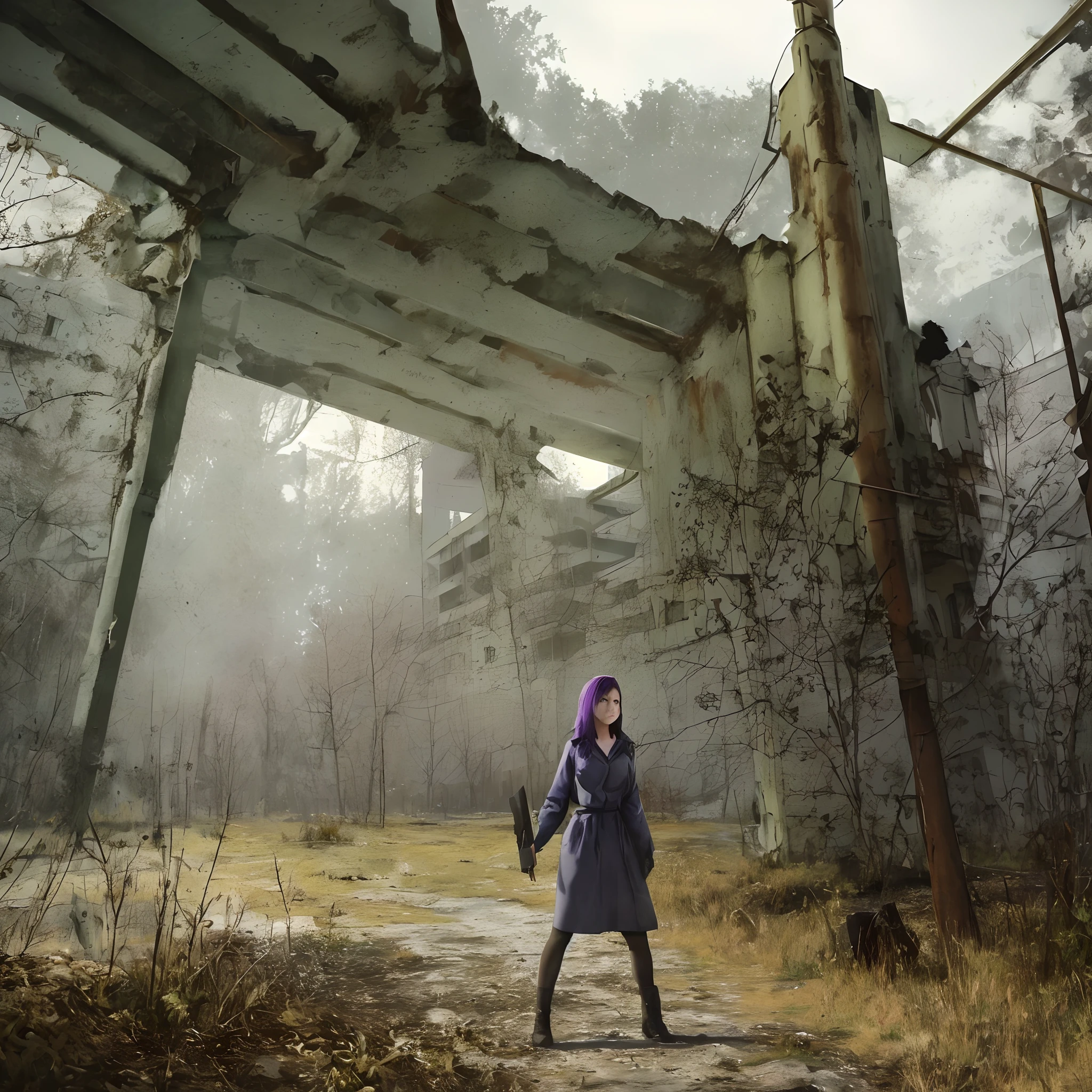 Girl in combenison, Chernobyl exclusion zone, S.T.A.L.K.E.R, purple hair, green eyes, scar above her left eyebrow, unarmed, five fingers on her left hand, five fingers on her right hand, sad.