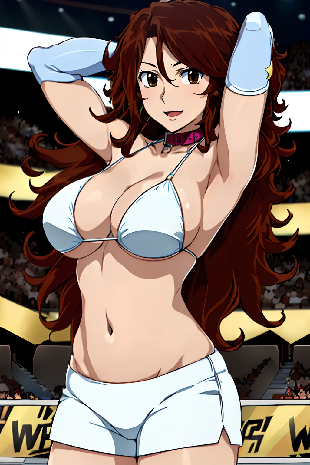 hug, Elegant lady, (upper body view), anime style: 1.8, anime drawing, ultra detailed face, ultra detailed body, 4k, Sumergai Lee Noriega, (standing), best quality, anime style, hires, highest definition, digital blending, bold drawing lines, ((wwe diva), (location: wrestling arena, crowds watching), ( slim body, little biceps, , off-shoulders, (curvy: 2.8)), ((white bikini, shorts,, white gloves, collar, elbow protector)), victorious, winner, gentle, (pale skin, shiny skin, very big breasts, smile), (big eyes, brown eyes), (clapping), (brown hair, loose hair, curly hair, wavy hair, long hair, missy hair), 27 years old,