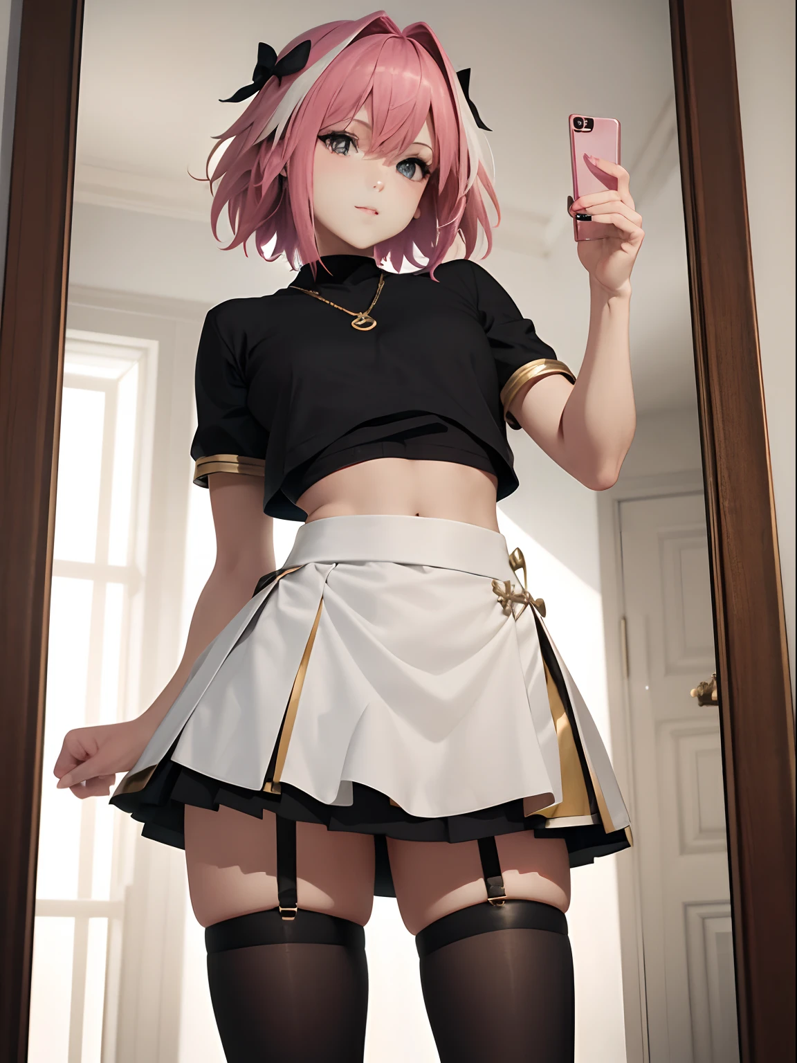 arafed woman with pink hair and black dress posing in front of a mirror, beautiful short skirt, short skirt, mini-skirt, mini skirt, short black skirt, in clothes! highly detailed, miniskirt, thighhighs and skirt, extreme hight detail, ultradetailed photorealistic, extremely high.wearing skirt, highdetailed