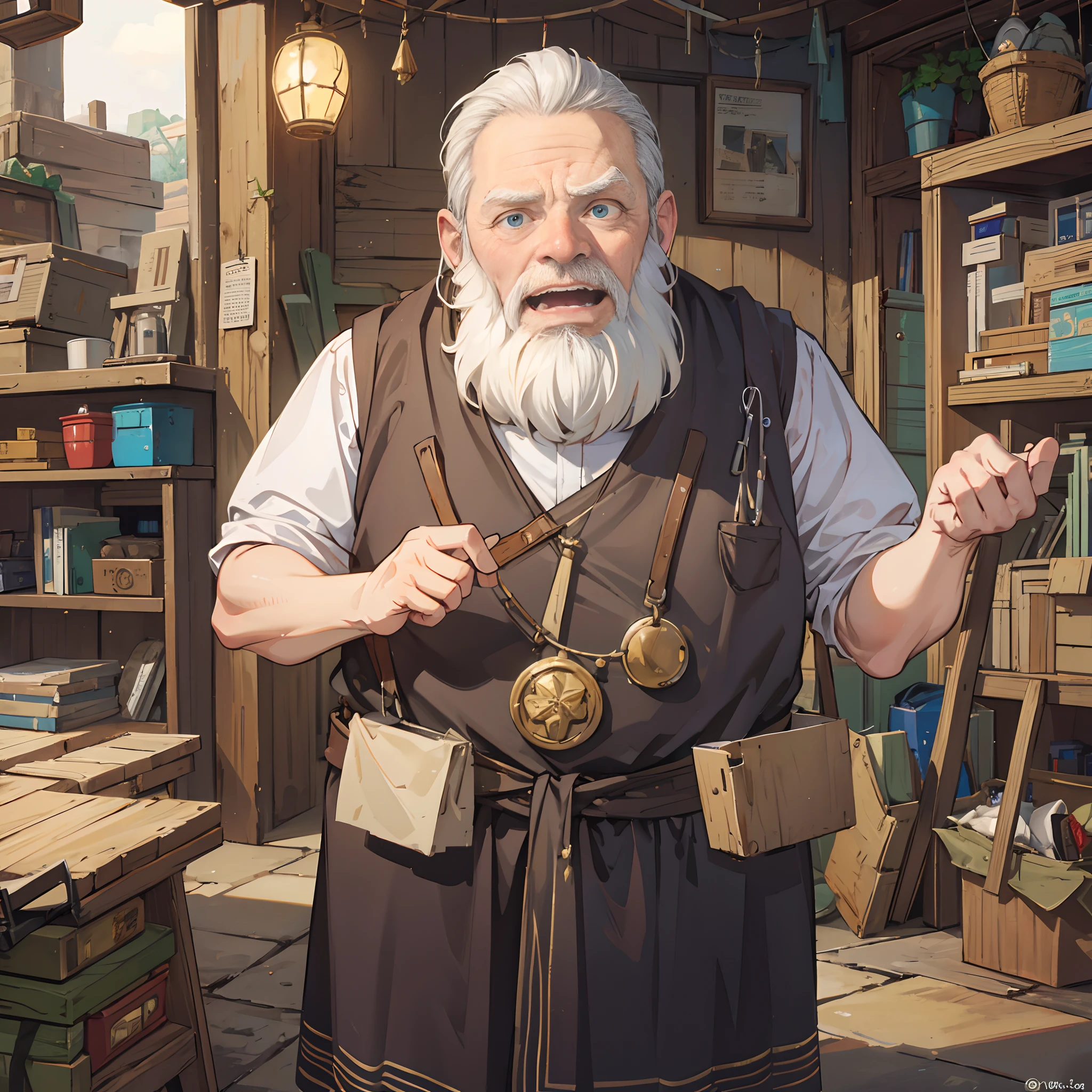 An old dwarf with a surprised look on face, mouth wide open, standing in a workshop