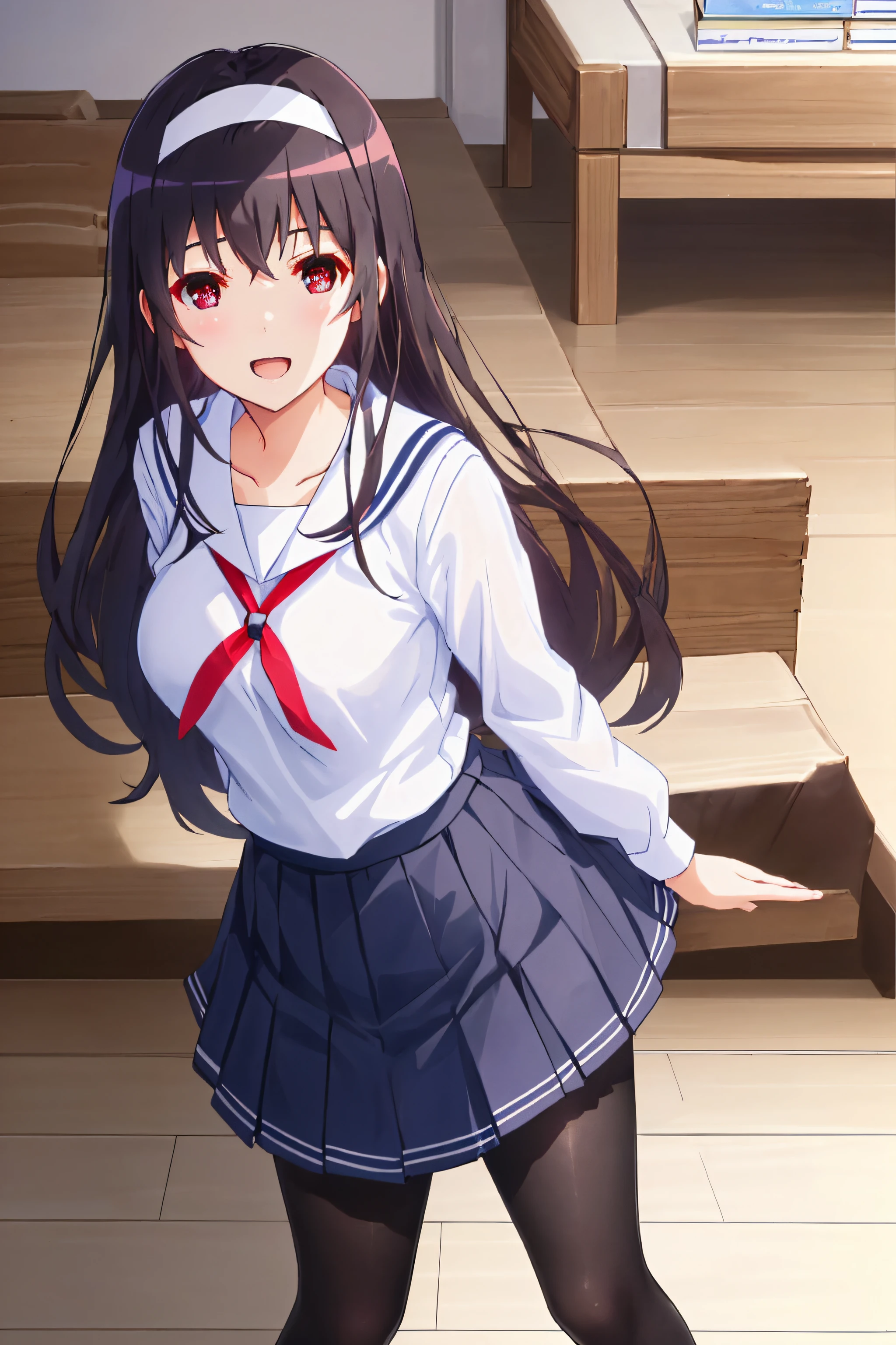 best quality, masterpiece, ph utaha, 1girl, long hair, solo, blue sexy dress, hairband, black hair, skirt, black pantyhose, red eyes, smile, open mouth, leaning forward, arms behind back, pleated skirt, black serafuku, bangs, book, breasts, blush, long sleeves