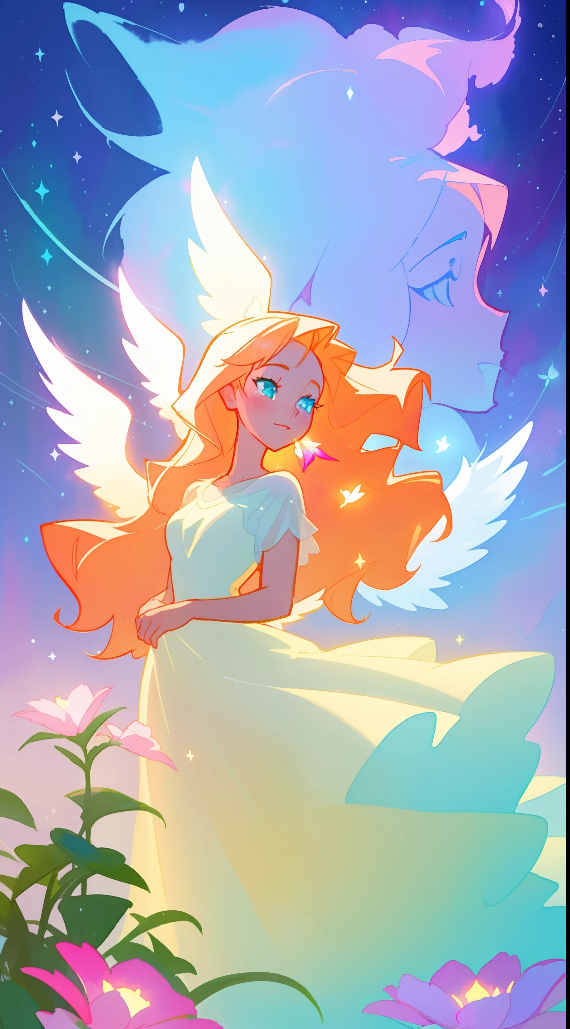 beautiful girl in flowing white dress, (glowing angel wings), glowing flowing ballgown, long wavy hair, sparkling angel wings, watercolor illustration, flowers and colorful plants, inspired by Glen Keane, inspired by Lois van Baarle, disney art style, by Lois van Baarle, glowing aura around her, by Glen Keane, jen bartel, glowing lights! digital painting, flowing glowing hair, glowing flowing hair, beautiful digital illustration, fantasia otherworldly landscape plants flowers, beautiful, masterpiece, best quality, anime disney style