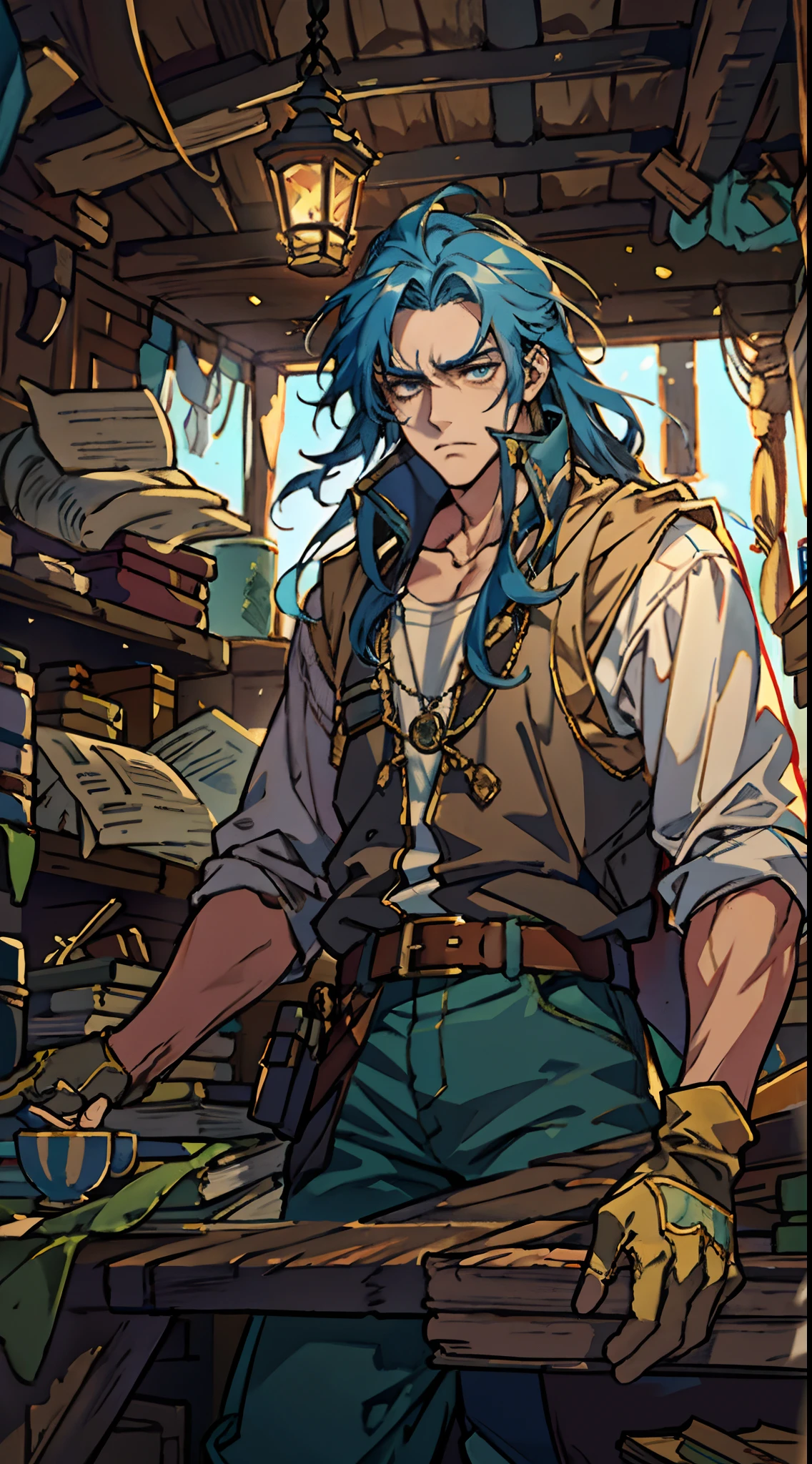 A man with thick long and lustrous blue hair, medium length hair, a melancholic gaze, a weary expression, fatigued and weary movements, a loose-fitting fantasy-style dockworker attire, gloves-style wrist guards on his hands, a belt around his waist, matching loose coarse pants, knee-high leather boots, he has long limbs, he stands within a wooden ship's cabin, with countless stacks of paper documents behind him, this character embodies a finely crafted fantasy-style sage in anime style, characterized by an exquisite and mature manga illustration art style, high definition, best quality, highres, ultra-detailed, ultra-fine painting, extremely delicate, professional, anatomically correct, symmetrical face, extremely detailed eyes and face, high quality eyes, creativity, RAW photo, UHD, 8k, Natural light, cinematic lighting, masterpiece:1.5