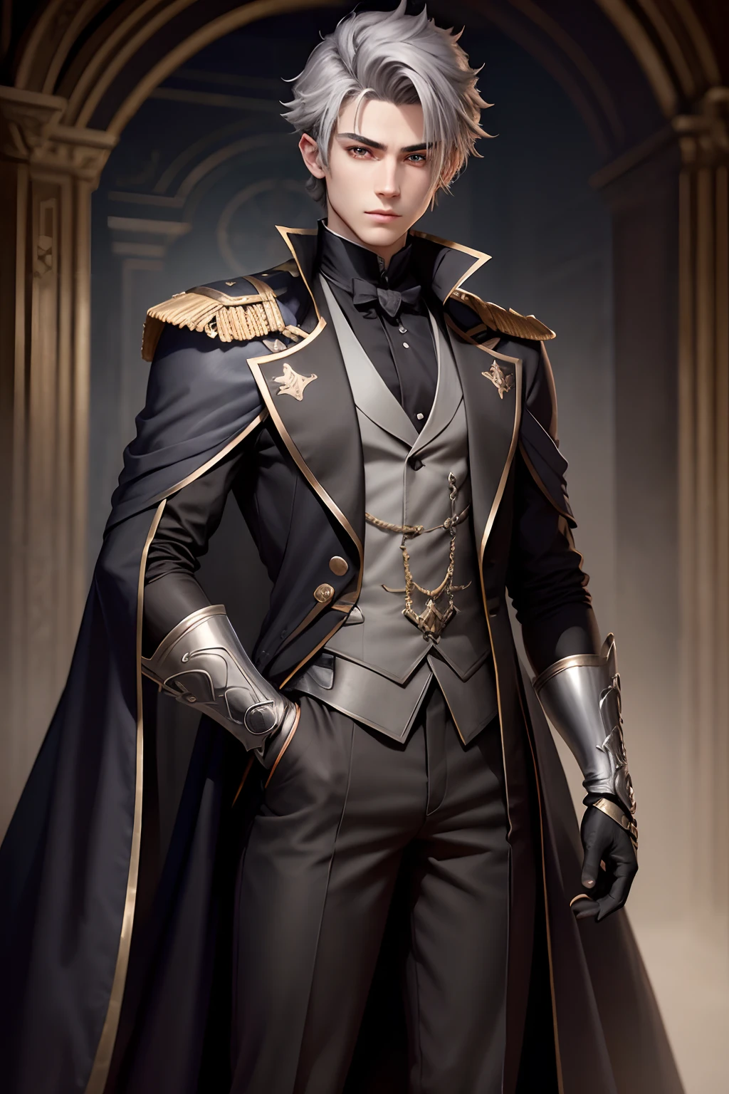 rpg character, male teen, Dark grey hair, detailed anime style, aristocratic clothing, Black Gloves, realistic hd -