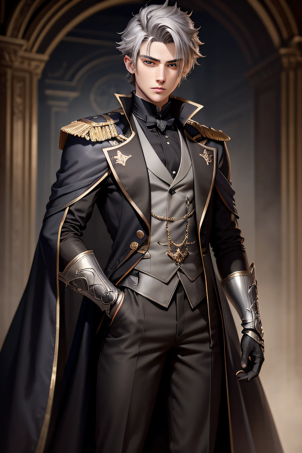 rpg character, male teen, Dark grey hair, detailed anime style, aristocratic clothing, Black Gloves, realistic hd -