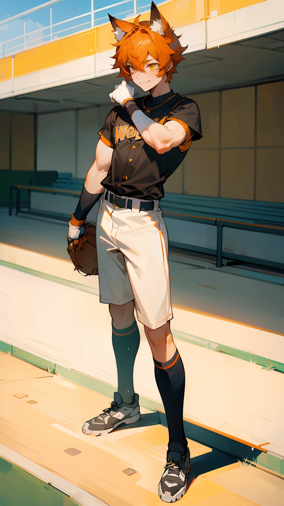 1boy,solo,20s,muscles,happy face,school sport outdit, orange hair,short hair,yellow eyes,wolf ears,(((standing in a high school baseball stadium)))