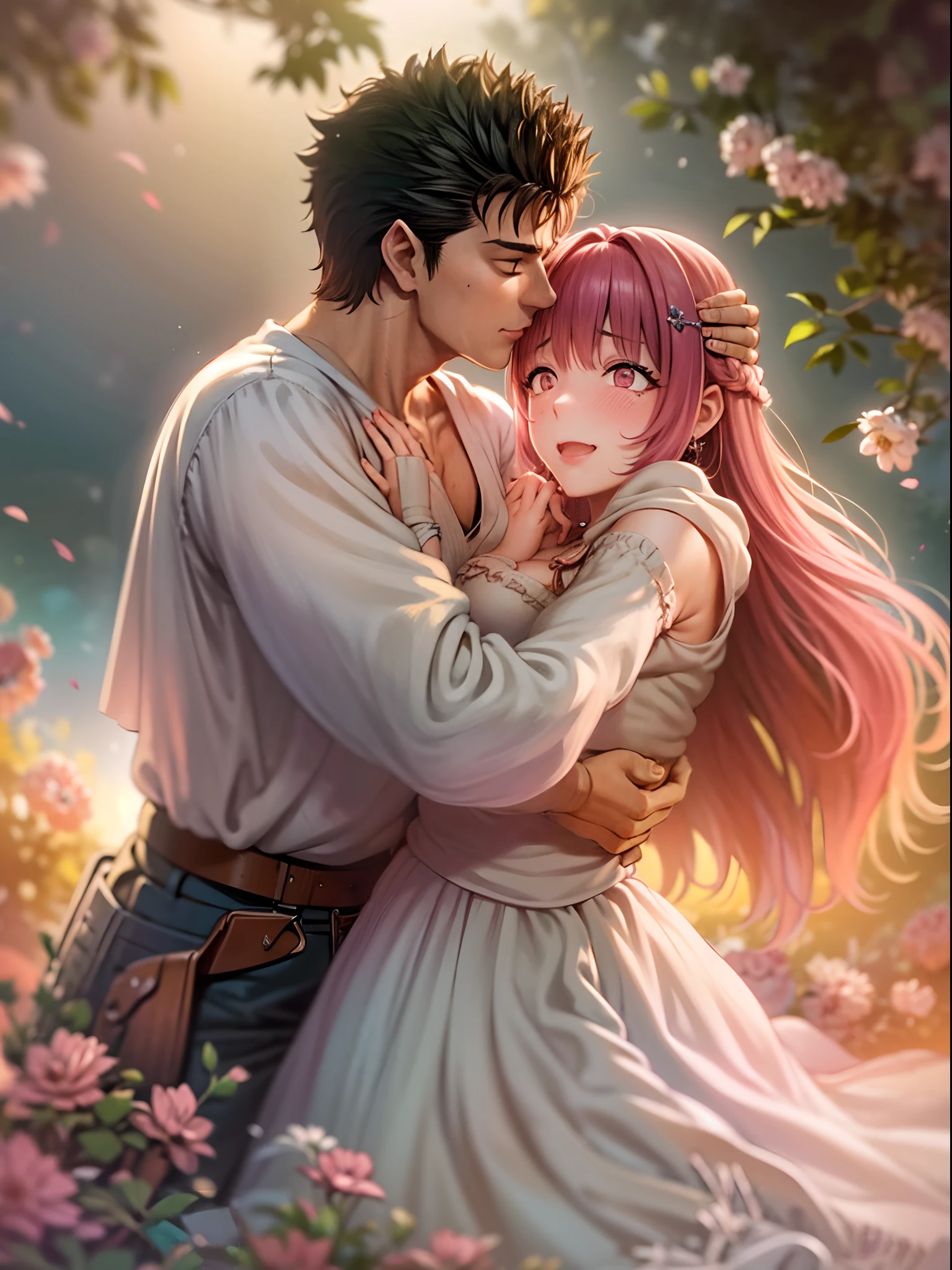 riamu,guts,couple,husband and wife,love dovey couple,sitting,hug,kiss,smile,(best quality,4k,8k,highres,masterpiece:1.2),ultra-detailed,(realistic,photorealistic,photo-realistic:1.37),traditional oil painting,romantic evening scene,soft lighting,vivid colors,expressive brushstrokes,late summer sunset,whispering sweet nothings,gentle breeze,dreamlike atmosphere,glowing warmth,subtle smiles,loving gazes,delicate touch,fingers intertwined,heartfelt connection,embrace that speaks volumes,endless love,unbreakable bond,pure happiness,eternal love,deep affection,contentment in each other's arms,goosebumps of joy,cheeks filled with blush,a moment frozen in time,celebration of love's beauty, berserk, idolm@ster