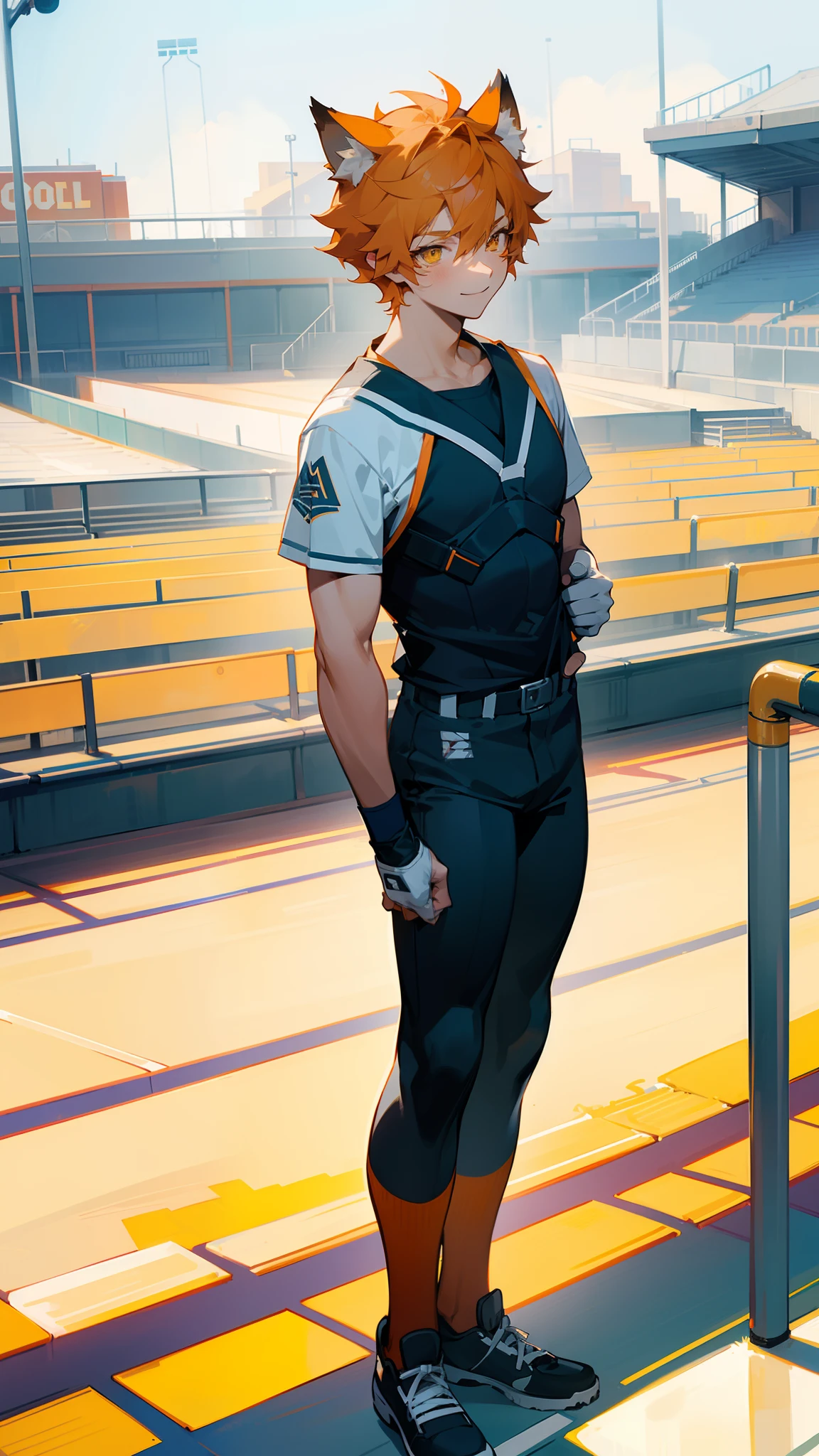 1boy,solo,20s,muscles,happy face,school sport outdit, orange hair,short hair,yellow eyes,wolf ears,(((standing in a high school baseball stadium)))