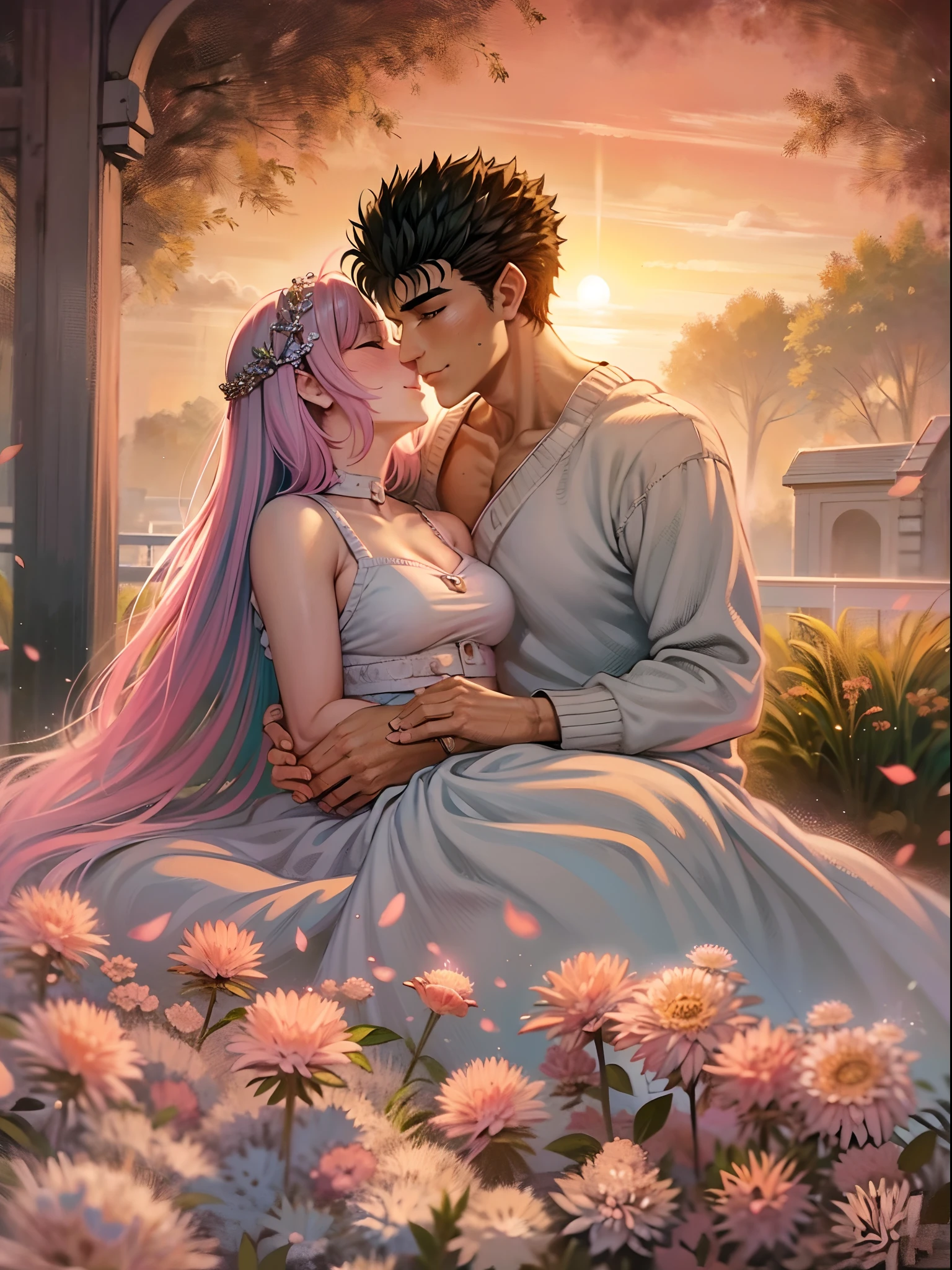riamu,guts,couple,husband and wife,love dovey couple,sitting,hug,kiss,smile,(best quality,4k,8k,highres,masterpiece:1.2),ultra-detailed,(realistic,photorealistic,photo-realistic:1.37),traditional oil painting,romantic evening scene,soft lighting,vivid colors,expressive brushstrokes,late summer sunset,whispering sweet nothings,gentle breeze,dreamlike atmosphere,glowing warmth,subtle smiles,loving gazes,delicate touch,fingers intertwined,heartfelt connection,embrace that speaks volumes,endless love,unbreakable bond,pure happiness,eternal love,deep affection,contentment in each other's arms,goosebumps of joy,cheeks filled with blush,a moment frozen in time,celebration of love's beauty, berserk, idolm@ster