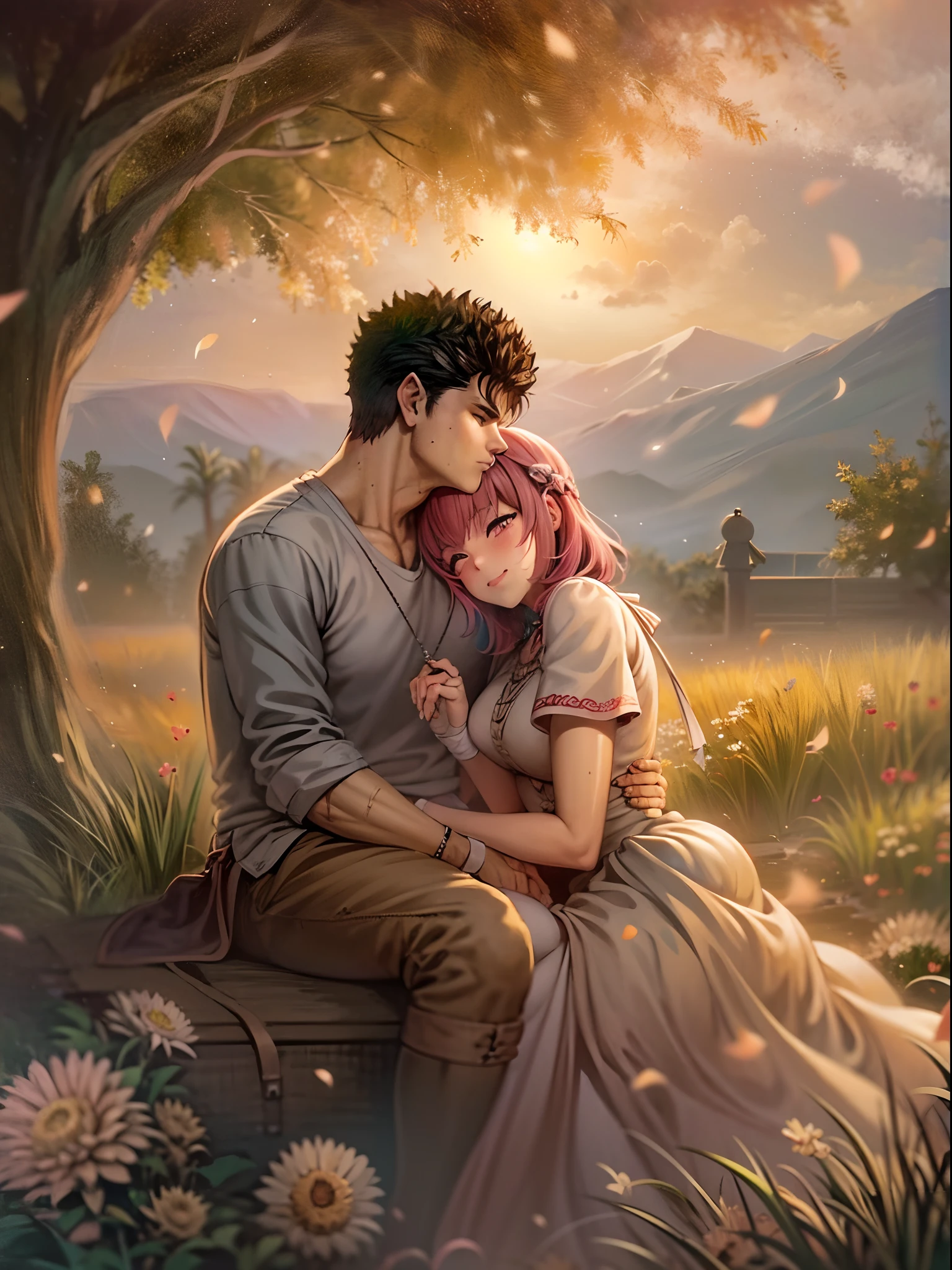 riamu,guts,couple,husband and wife,love dovey couple,sitting,hug,kiss,smile,(best quality,4k,8k,highres,masterpiece:1.2),ultra-detailed,(realistic,photorealistic,photo-realistic:1.37),traditional oil painting,romantic evening scene,soft lighting,vivid colors,expressive brushstrokes,late summer sunset,whispering sweet nothings,gentle breeze,dreamlike atmosphere,glowing warmth,subtle smiles,loving gazes,delicate touch,fingers intertwined,heartfelt connection,embrace that speaks volumes,endless love,unbreakable bond,pure happiness,eternal love,deep affection,contentment in each other's arms,goosebumps of joy,cheeks filled with blush,a moment frozen in time,celebration of love's beauty, berserk, idolm@ster