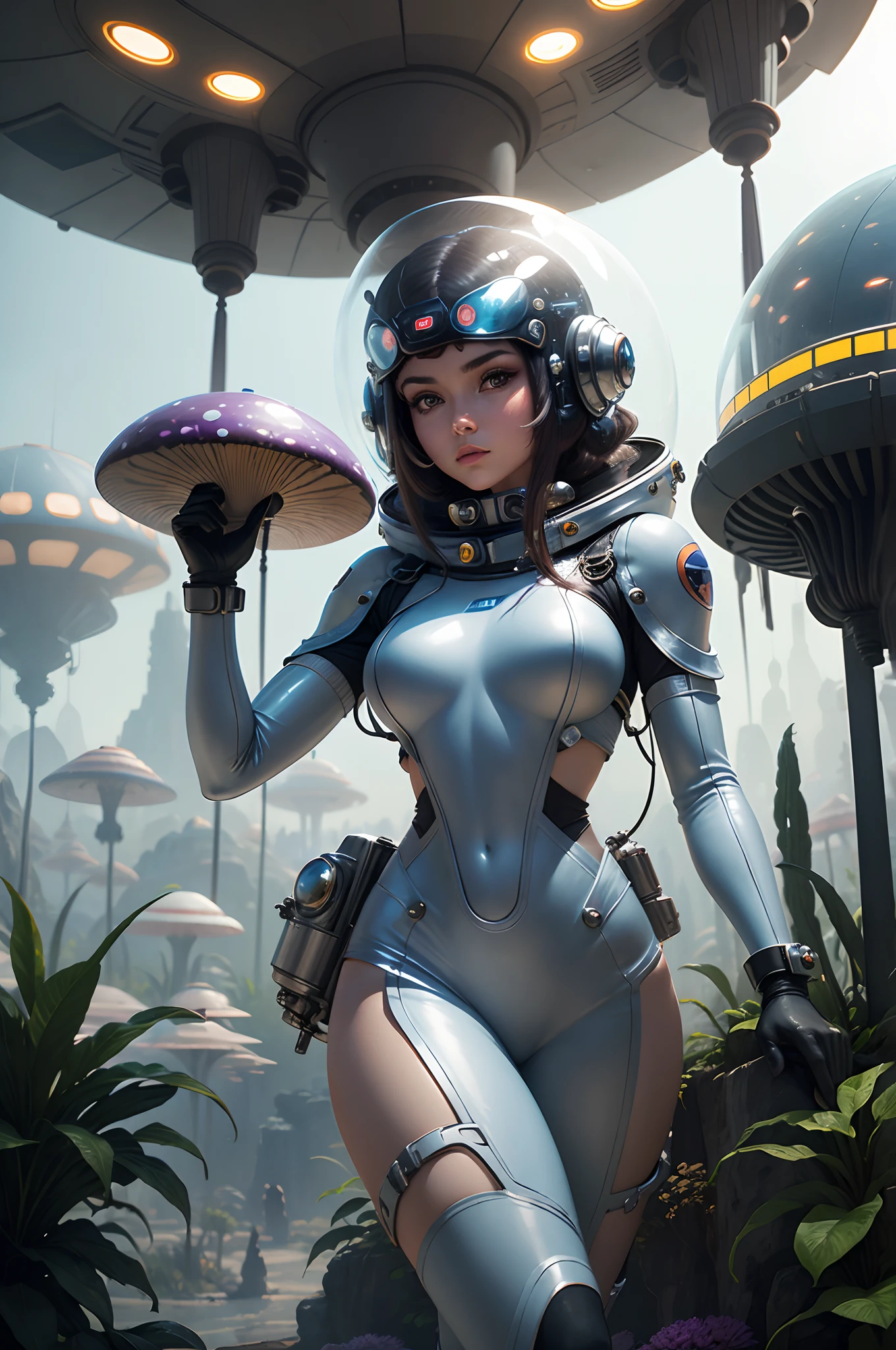 In a retro-futuristic setting reminiscent of 1950s sci-fi, an alien ant girl warrior dons a sleek, silver spacesuit with bubble helmet. She confidently explores an otherworldly landscape, surrounded by vibrant, oversized mushrooms and exotic flora. This retro-futuristic scene combines nostalgia with the allure of the unknown.