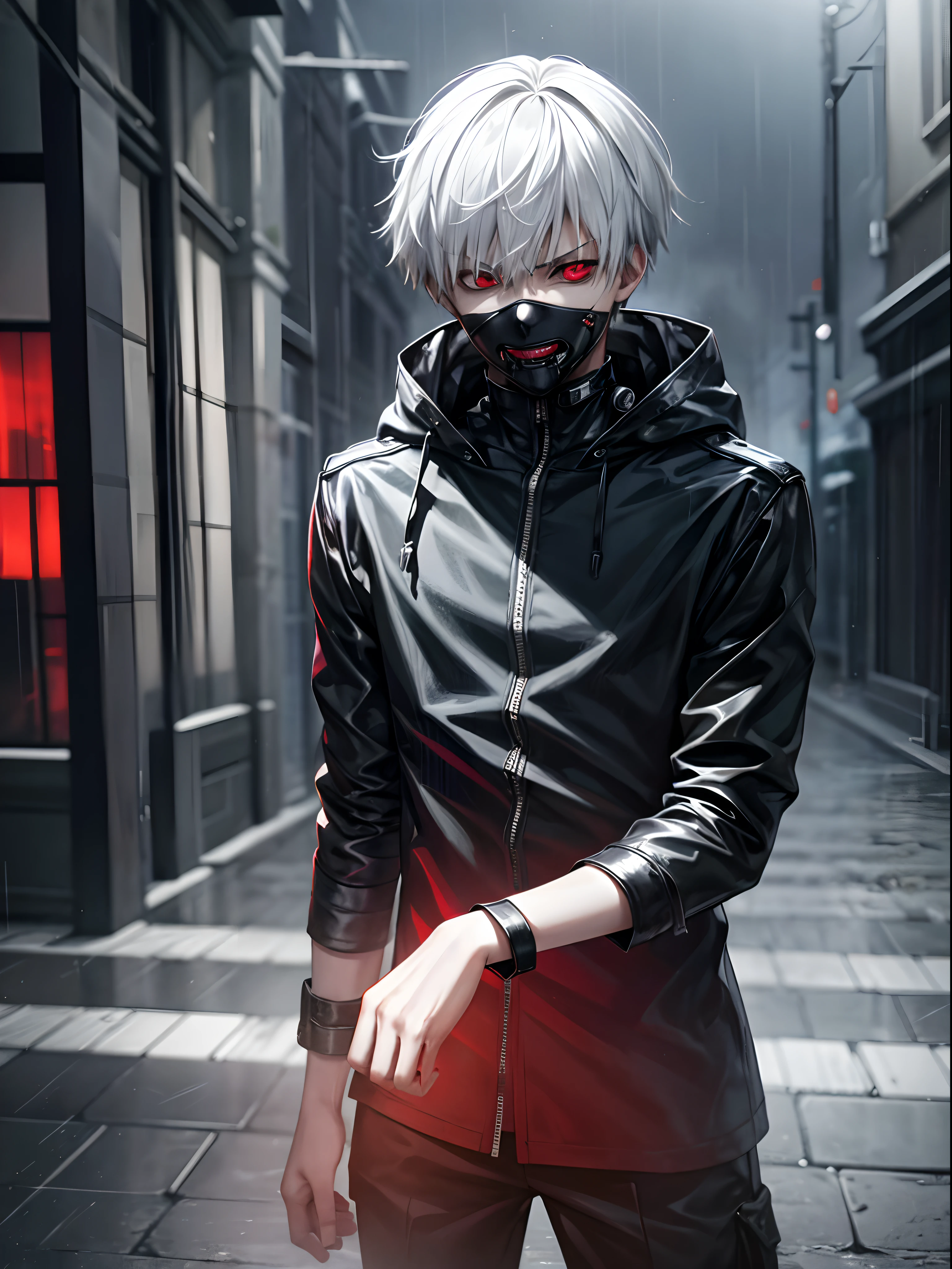 A male character, Kaneki Ken, hoodie, dripping rain, red and black color palette, detailed eyes and face, red eyes, silver hair, menacing aura, dark ambiance, mysterious atmosphere, intense expression, urban setting, smoke and shadows, haunting presence, stylish and edgy, ray tracing, perfect blend of light and darkness, intense gaze, captivating presence, sleek and sharp, contrast of red and black, intense emotions, supernatural powers suggested, rain-soaked streets, an air of danger, enigmatic persona, urban gothic aesthetic, stormy weather, captivating and alluring, a touch of blood red, smoky streets, brooding protagonist, stormy skies