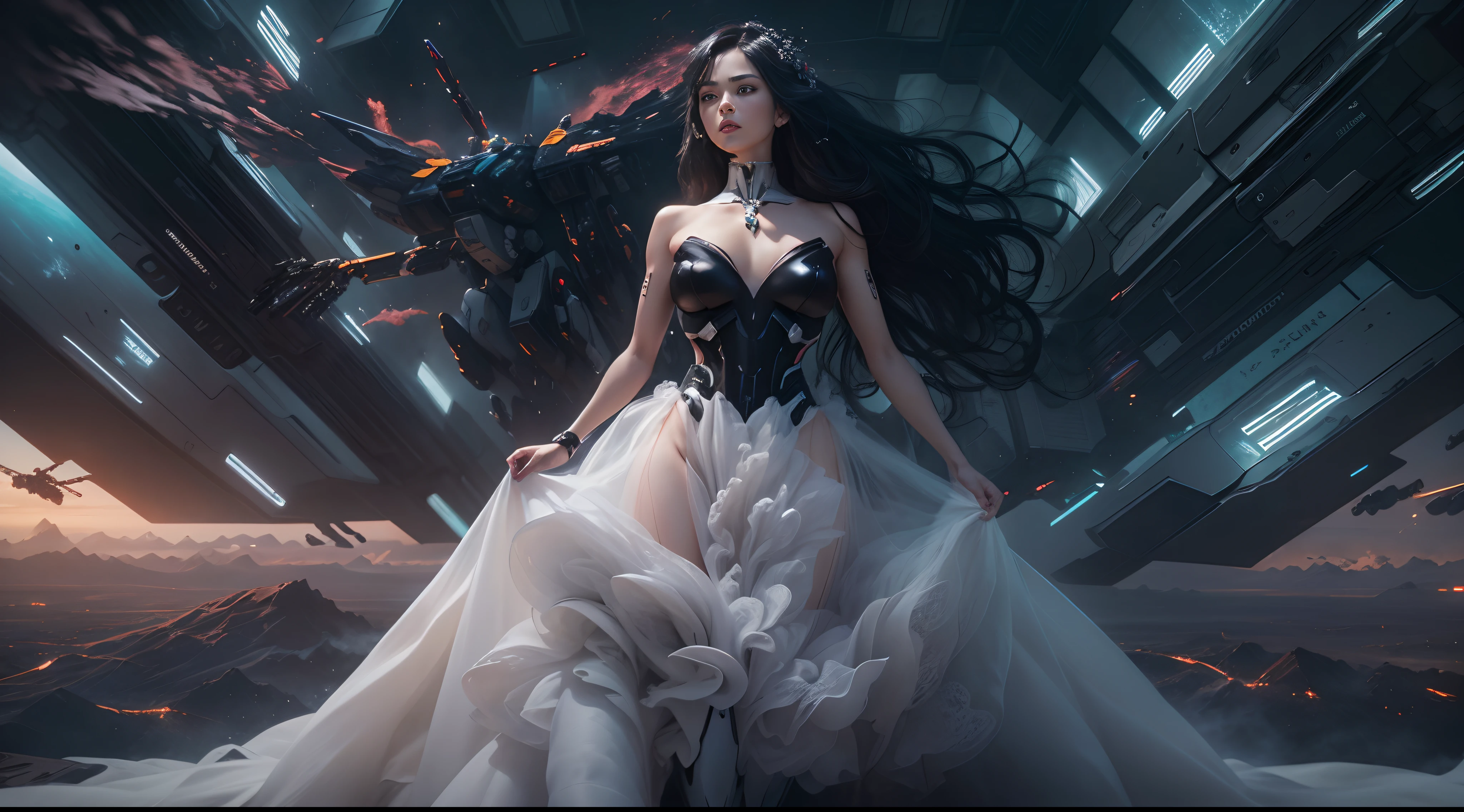 (Best Quality), Masterpiece, 8K, RAW, Beautiful Black Silk Bride Naked，(Photo-realistic), Black silk Dress, Black long Hair, zero-gravity, Full-Body Portrait, dramatic Lighting, (Mecha:1.5), (Cybernetics:1.2), Space-station, (Explosion in Background), Particles floating in Air