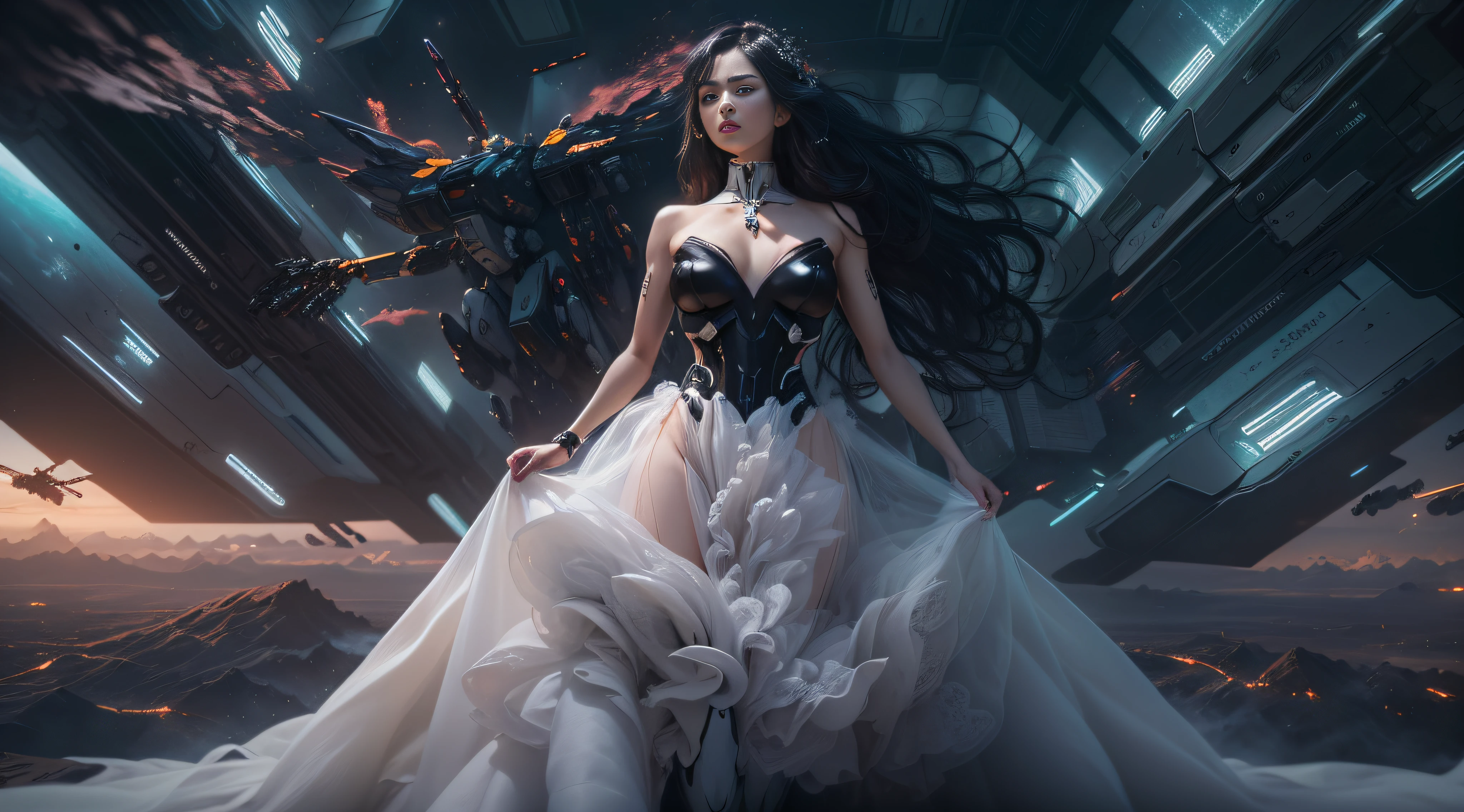 (Best Quality), Masterpiece, 8K, RAW, Beautiful Black Silk Bride Naked，(Photo-realistic), Black silk Dress, Black long Hair, zero-gravity, Full-Body Portrait, dramatic Lighting, (Mecha:1.5), (Cybernetics:1.2), Space-station, (Explosion in Background), Particles floating in Air