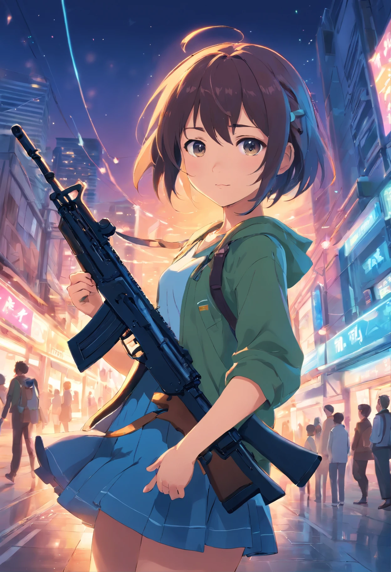 style of anime, magical little girl, AK-47 assault rifle in hand