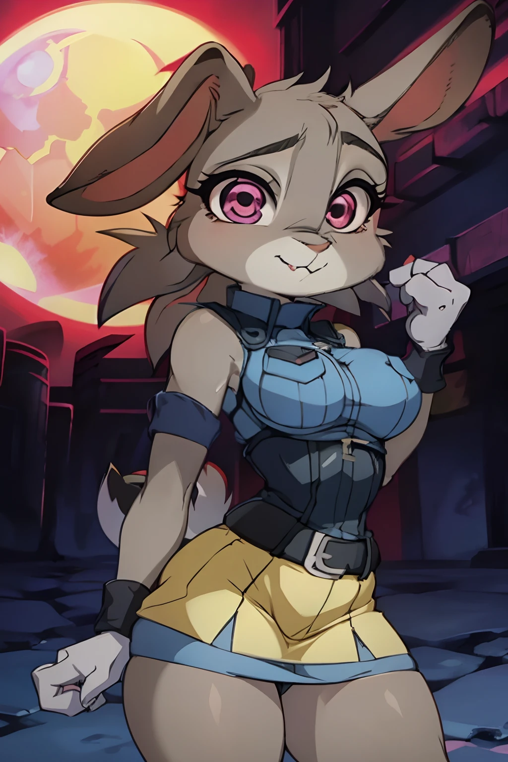 judyhopps, anthro, femenine body, in SerasVictoria uniform, Yellow Police Uniform, short skirt, Rabbit Head, Gray body, the night, red-eyes, Red Moon