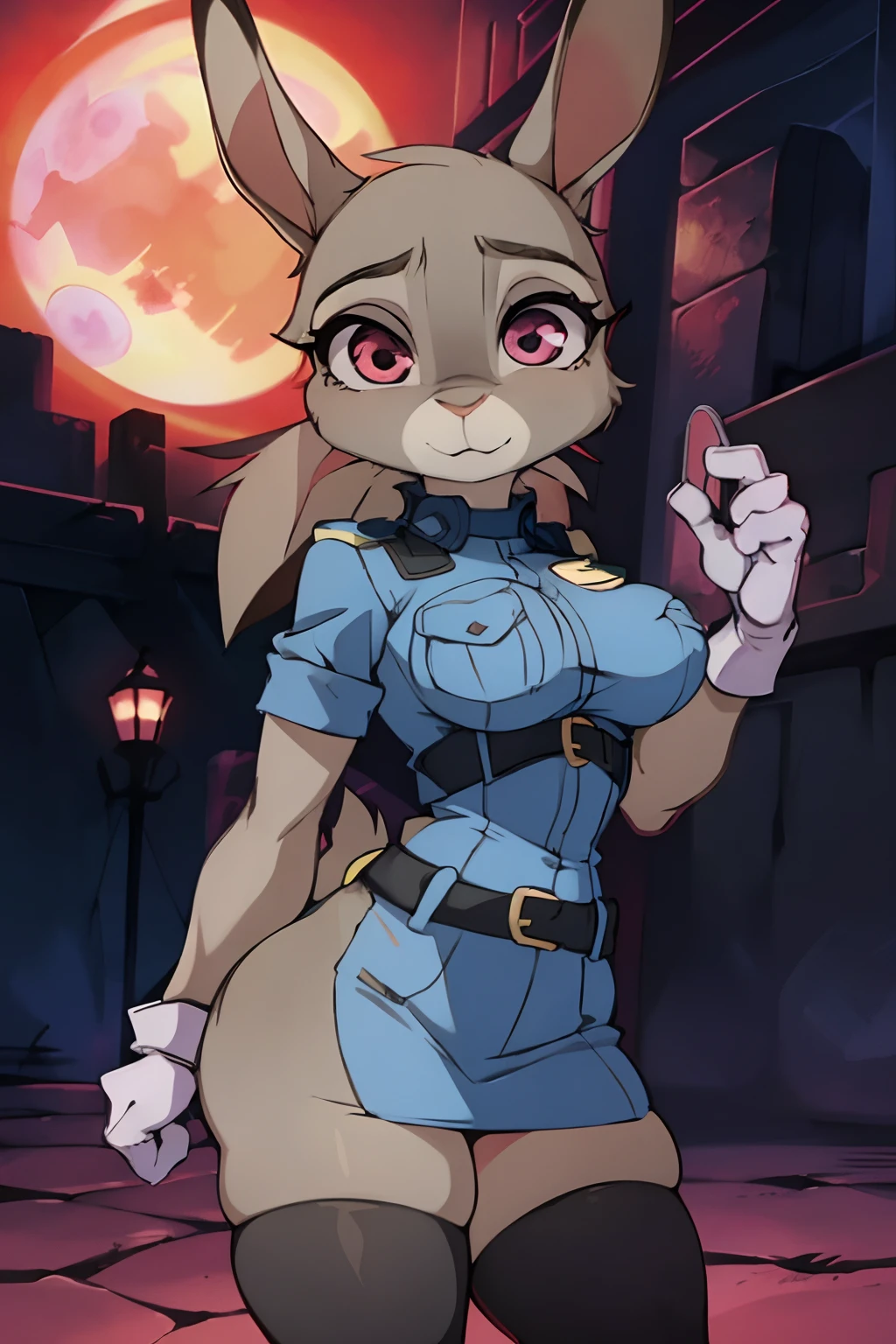 judyhopps, anthro, femenine body, in SerasVictoria uniform, Yellow Police Uniform, short skirt, Rabbit Head, Gray body, the night, red-eyes, Red Moon