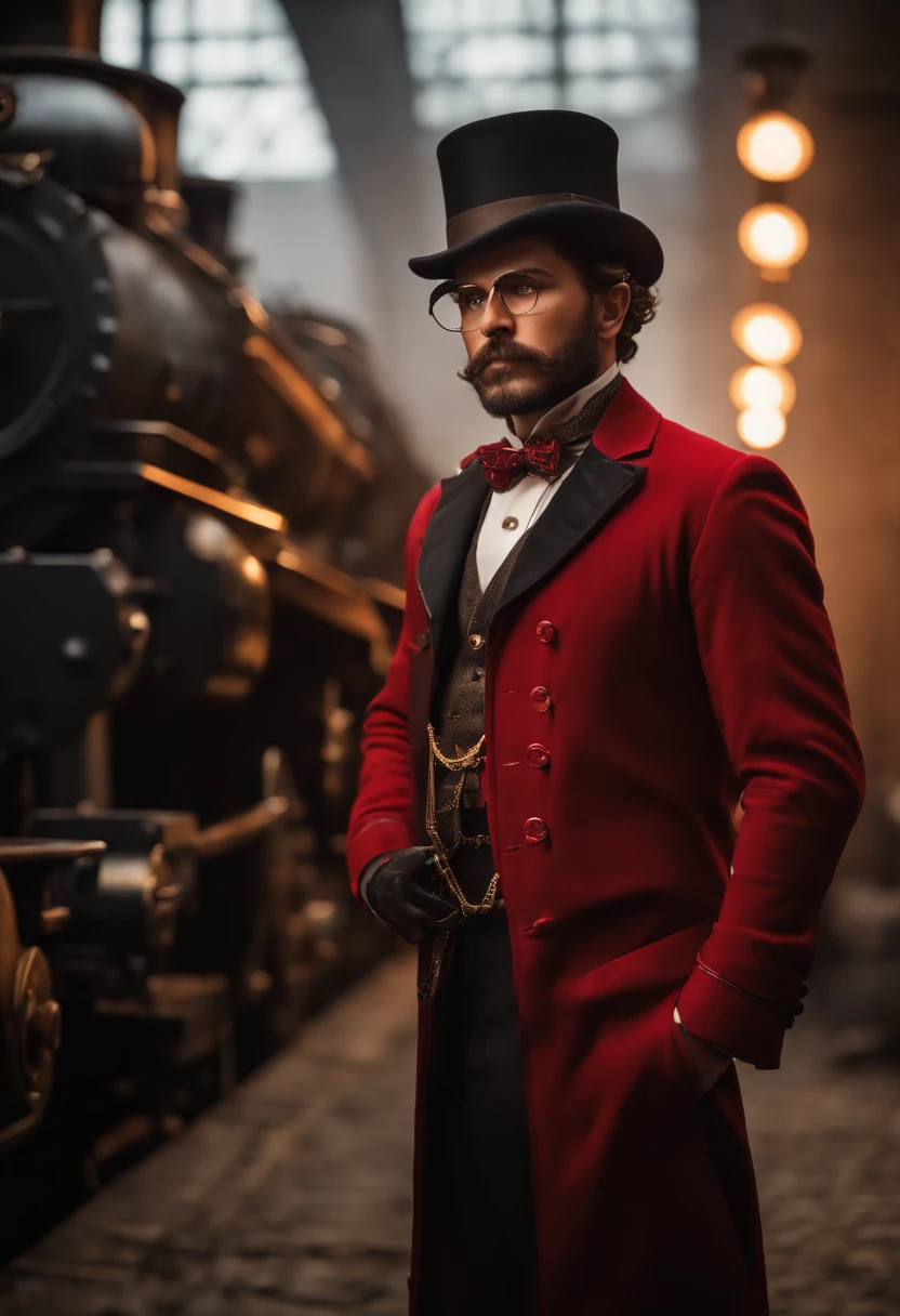 (best quality,ultra-detailed,realistic:1.37),portrait,steampunk,cyberpunk,vibrant colors,detailed clothing,red outfit,gentleman,without beard,short hair,wearing goggles,top hat,bowtie,mechanical accessories,brass accents,leather gloves,background with gears and cogs,industrial setting,soft lighting,smoky atmosphere,expressive eyes,intense gaze,confident expression