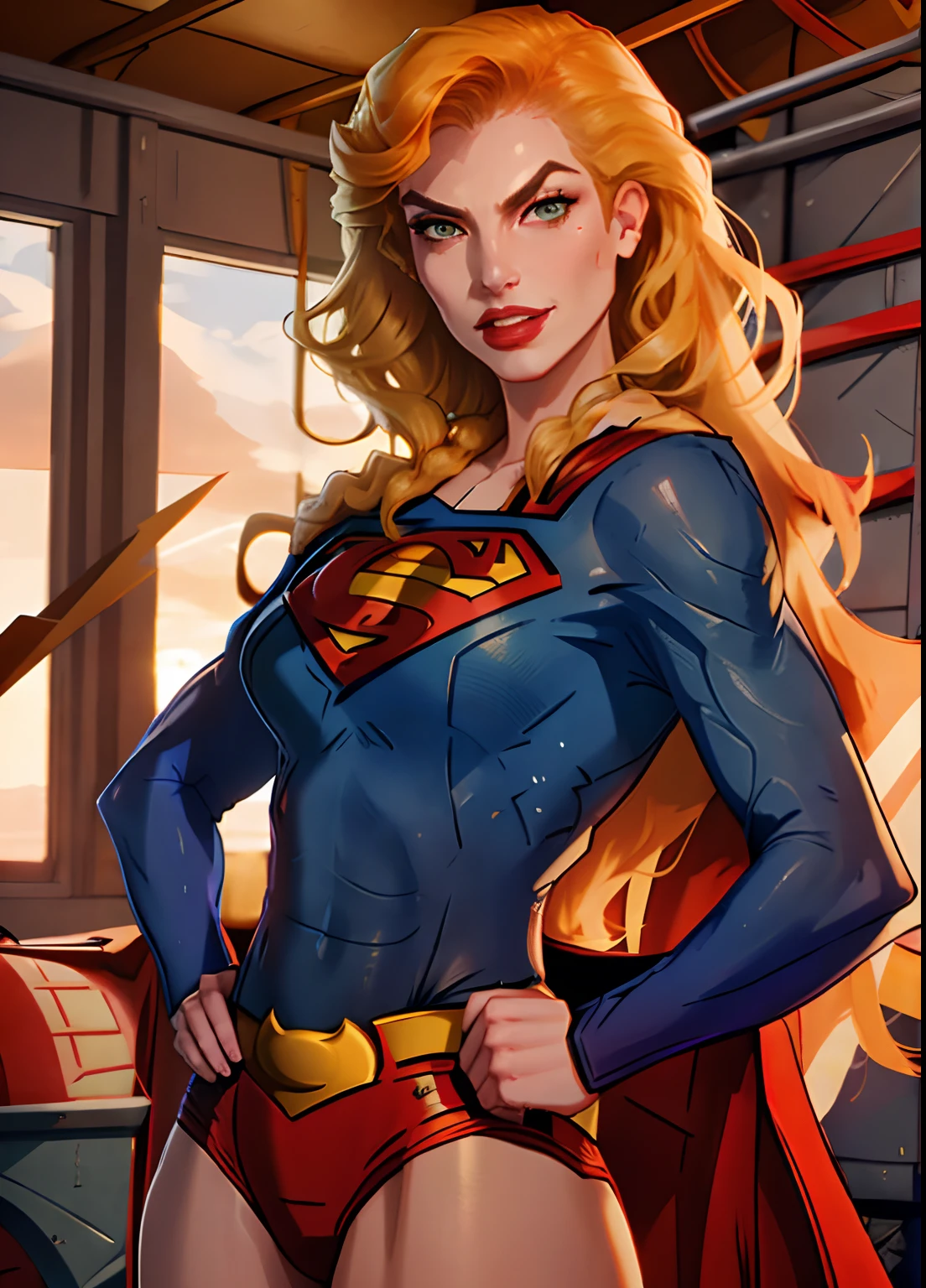 1girl, close up of sinclair, hands on hips, parted lips, hair over shoulder, evil smirk, superman costume, ship cabin, looking at viewer, volumetric lighting, best quality, masterpiece, realistic,