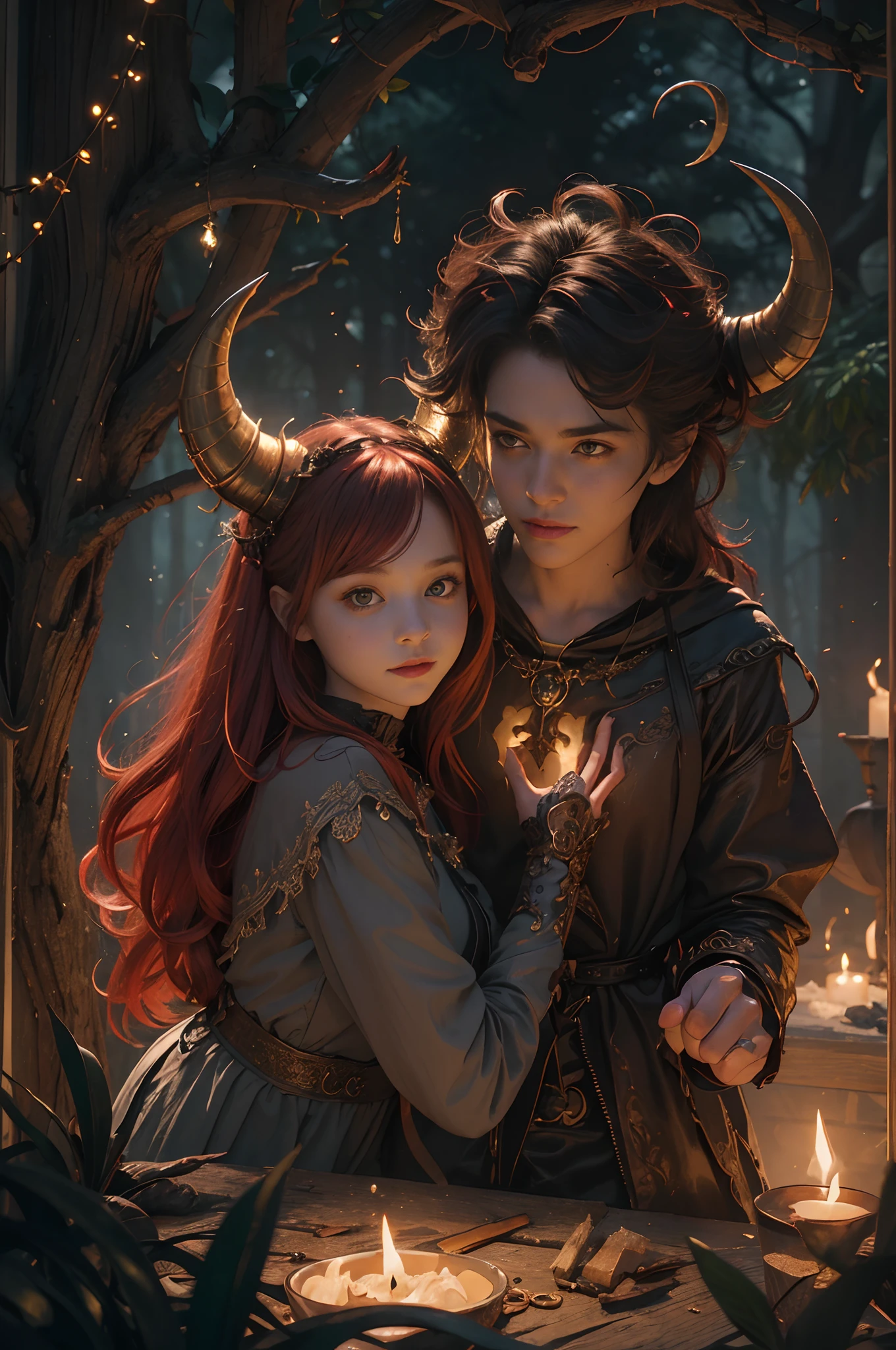 (best quality,4k,8k,highres,masterpiece:1.2),ultra-detailed,(realistic,photorealistic,photo-realistic:1.37),devil boy and girl holding hands,beautiful detailed eyes,beautiful detailed lips,demonic atmosphere,playful and mischievous expressions,dark and mysterious background,nighttime setting,gloomy lighting,sharp focus,dynamic poses,whimsical and colorful illustrations,creative shading techniques,fantasy art style,vivid colors,contrast between light and shadow,supernatural powers,enchanted forest,outfits in dark tones,cute and mischievous facial features,cartoonish yet detailed renderings,flaming red hair for the boy,long flowing hair for the girl,detailed and intricate accessories on their outfits,magical sparks and glowing effects around their hands,subtle hints of mischief in their expressions,joyful and mischievous atmosphere,amazing attention to detail,little devil horns on their heads,curved tails wrapped around their hands,demonic wings,evil grins,glowing yellow eyes,dark and mysterious aura,whimsical and dreamlike atmosphere,fantastical elements,enchanted forest as the backdrop,playful interaction between the boy and girl,expressive emotions,imagination at its best,captivating and dynamic artwork,a celebration of the supernatural,unleashing their magical powers,creating a sense of wonder and adventure with every stroke,artistic interpretation of an otherworldly bond between a devil boy and girl
Negative Prompts