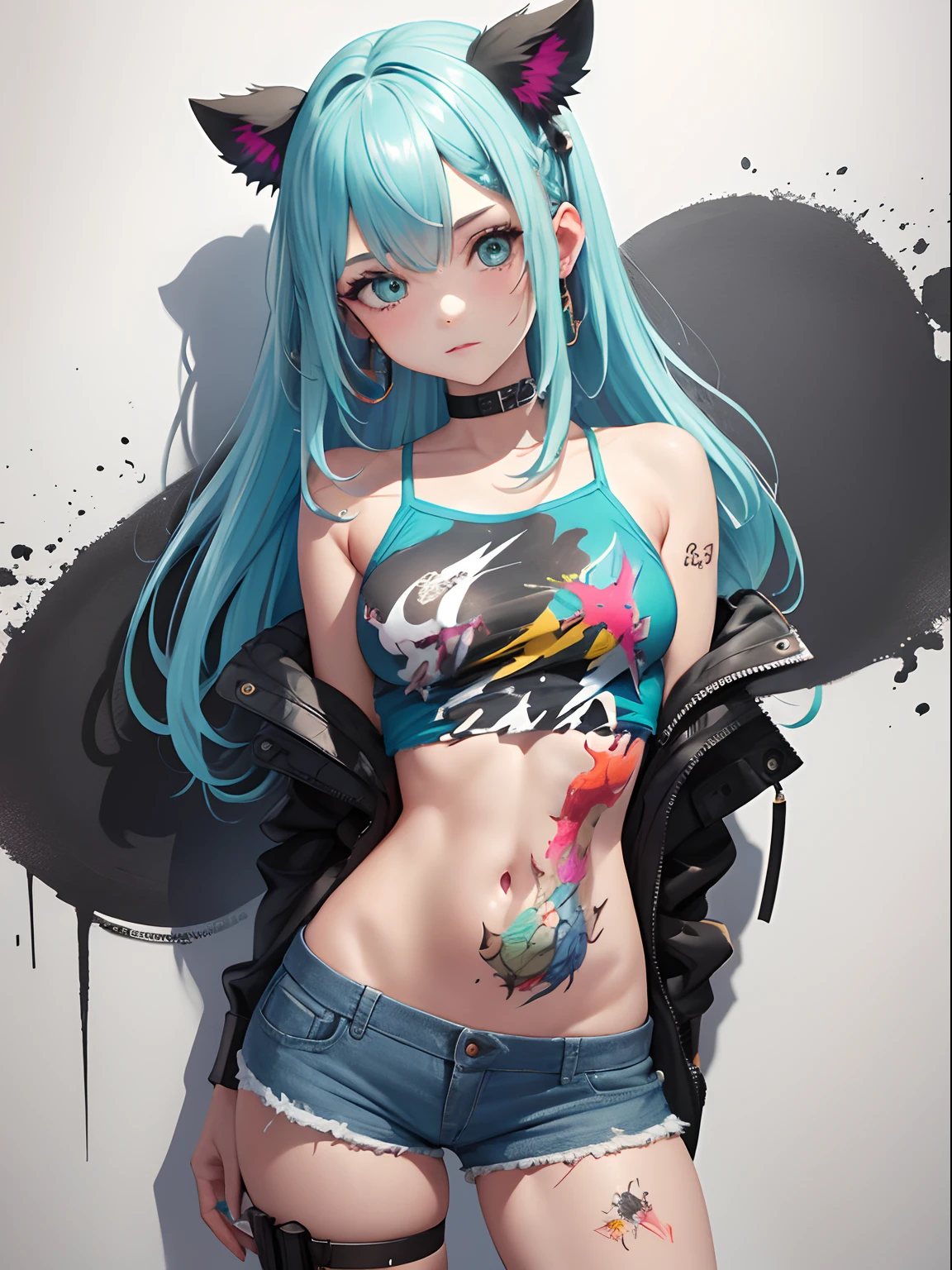 (photorealistic:1.8, highest quality:1.8,8K masterpiece:1.8,High resolution,muste piece:1.8,RAW Photos,cinematic lighting),No split screen, (1 android girl:1.3)、Completely naked、full body tattoo、beautiful big breasts、choker、Nipple piercing、kimono、Furisode、beautiful butt,beautiful thighs,plump nipples、Nipples are visible through the costume,cameltoe,Body painting with a pop design drawn all over the body、pop art design、cutting edge fashion、conceptual art、(Beautiful shining red, blue and white hair:1.5)、Impassive