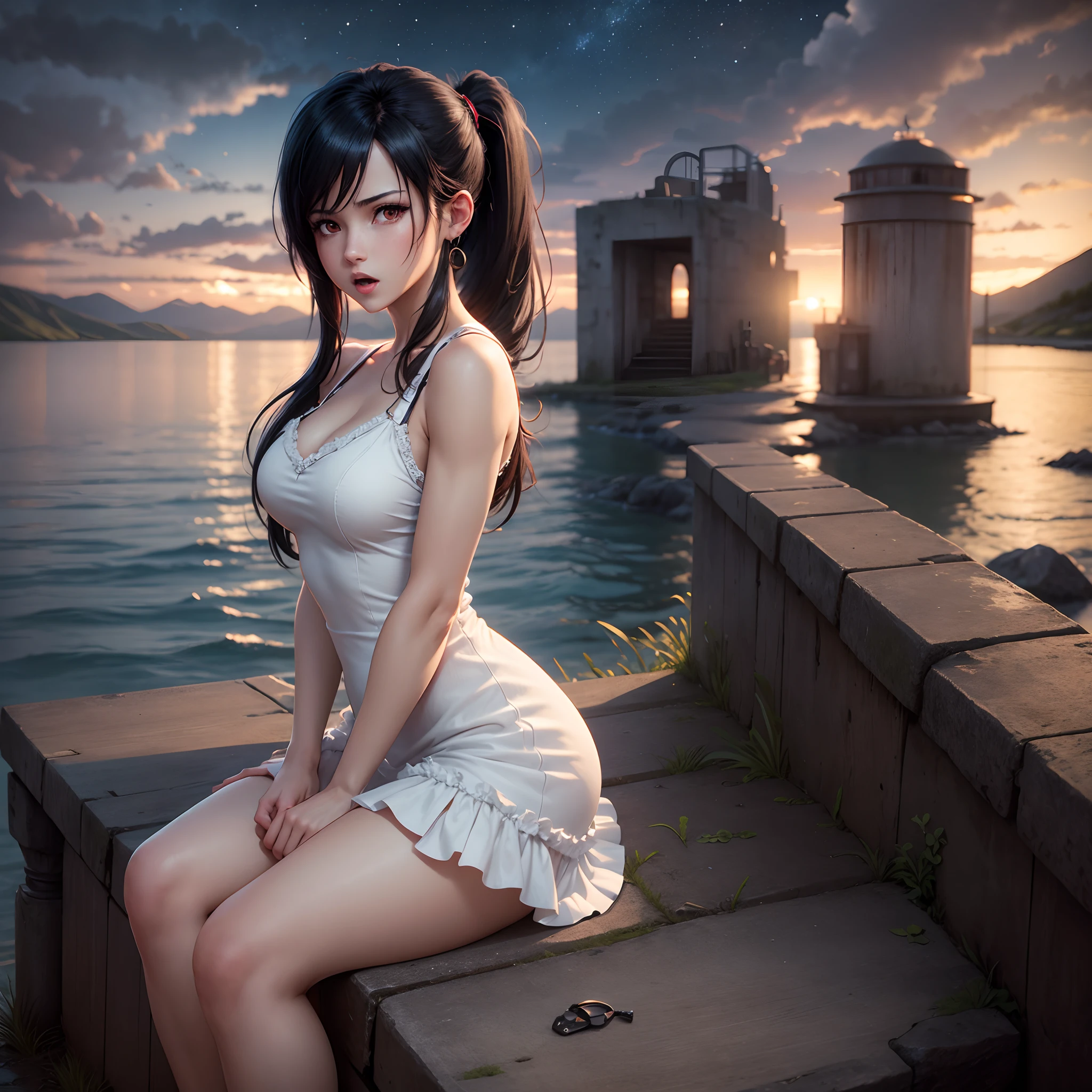 Tifa Lockhart, MKSKS style, (Very detailed background:1.0), (Highly detailed background:1.0), final fantasy vii remake, (Red Eyes), 1girl in, Bare shoulders, aqua dress, Black hair, Green dress, Sleeveless dress , sundress, Duan, Long hair, Night, nigh sky, Open mouth, Outdoors, Ponytail, Sitting, skyporn, Sleeveless, Sleeveless dress, Star (skyporn), Starry sky, Town, aged down, Small breasts, ((white frills)), (White Dress),