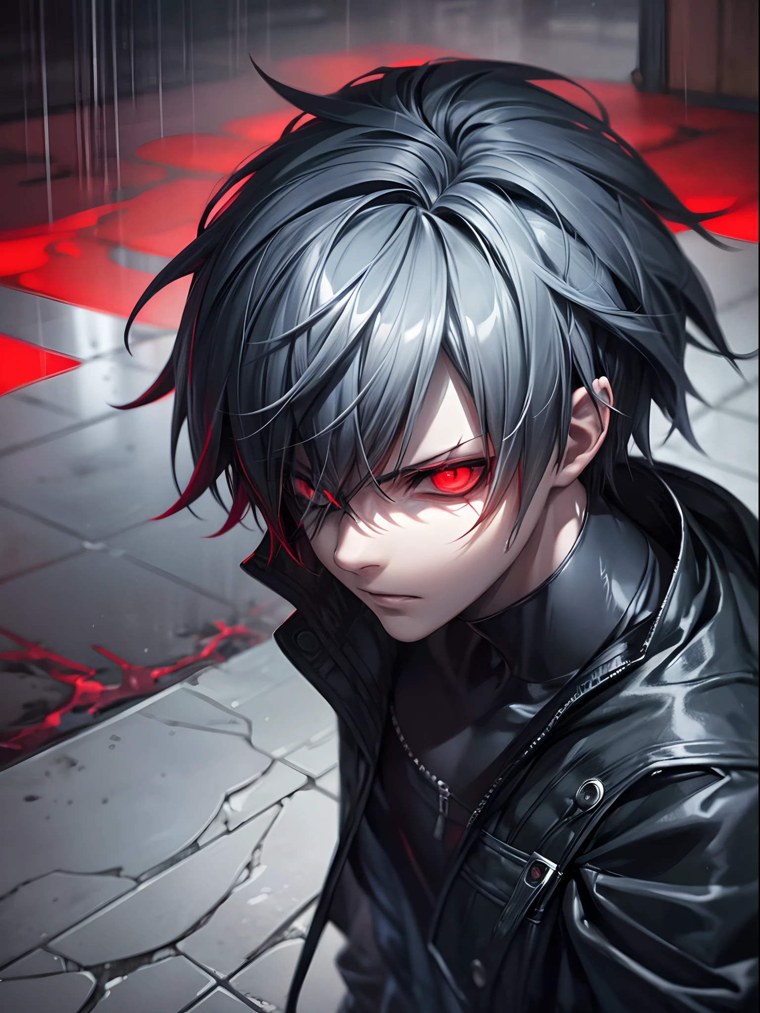 A male character, Kaneki Ken, hoodie, dripping rain, red and black color palette, detailed eyes and face, red eyes, silver hair, menacing aura, dark ambiance, mysterious atmosphere, intense expression, urban setting, smoke and shadows, haunting presence, stylish and edgy, ray tracing, perfect blend of light and darkness, intense gaze, captivating presence, sleek and sharp, contrast of red and black, intense emotions, supernatural powers suggested, rain-soaked streets, an air of danger, enigmatic persona, urban gothic aesthetic, stormy weather, captivating and alluring, a touch of blood red, smoky streets, brooding protagonist, stormy skies