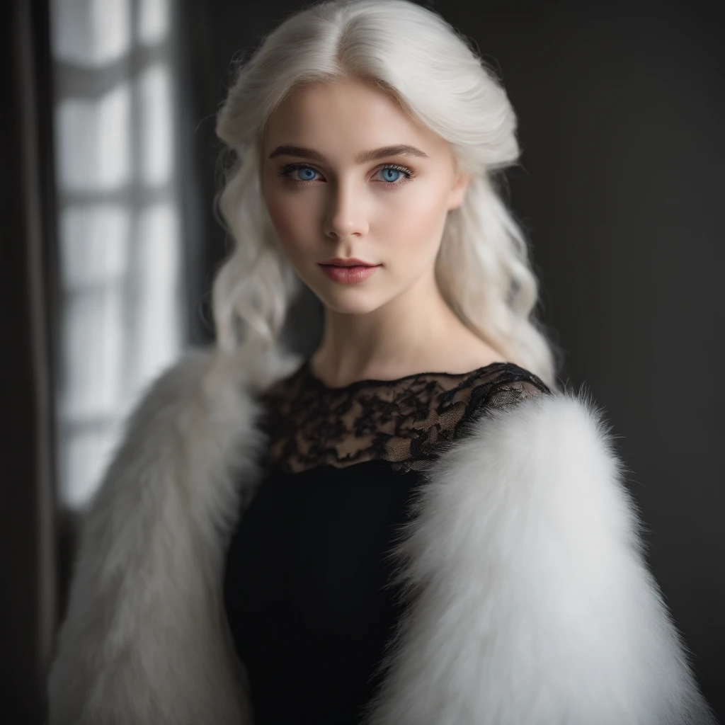 Front view, looking at camera, RAW photo, ((black dress:1.2)), ((portrait)),Beautiful young woman 18 years old with white hair, blue eyes, perfect eyes, ((white background:1.2)), lighting studio, high quality, filmic grain, Fujifilm XT3, Centered, angelic delicate face, snow white skin, kawaii and cute