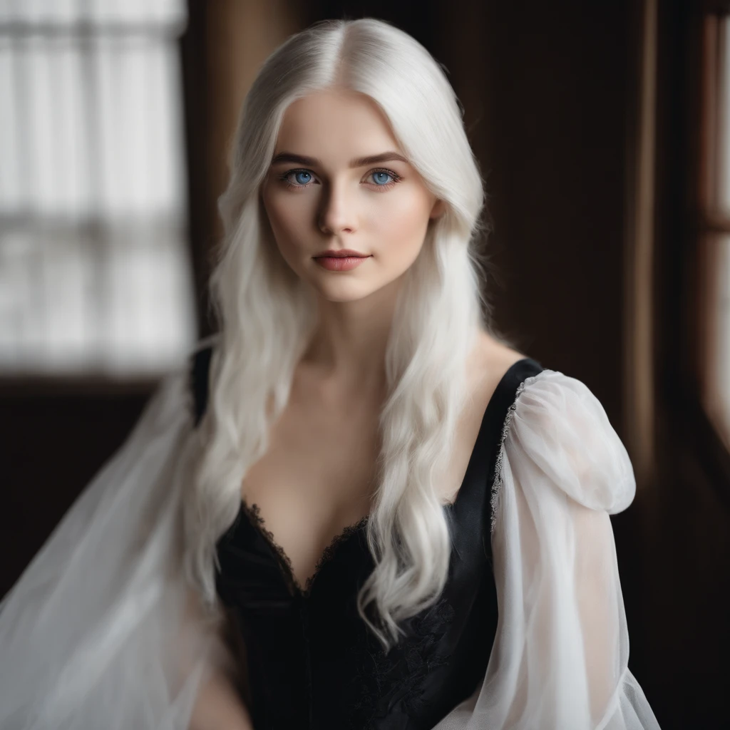 Front view, looking at camera, RAW photo, ((black dress:1.2)), ((portrait)),Beautiful young woman 18 years old with white hair, blue eyes, perfect eyes, ((white background:1.2)), lighting studio, high quality, filmic grain, Fujifilm XT3, Centered, angelic delicate face, snow white skin, kawaii and cute