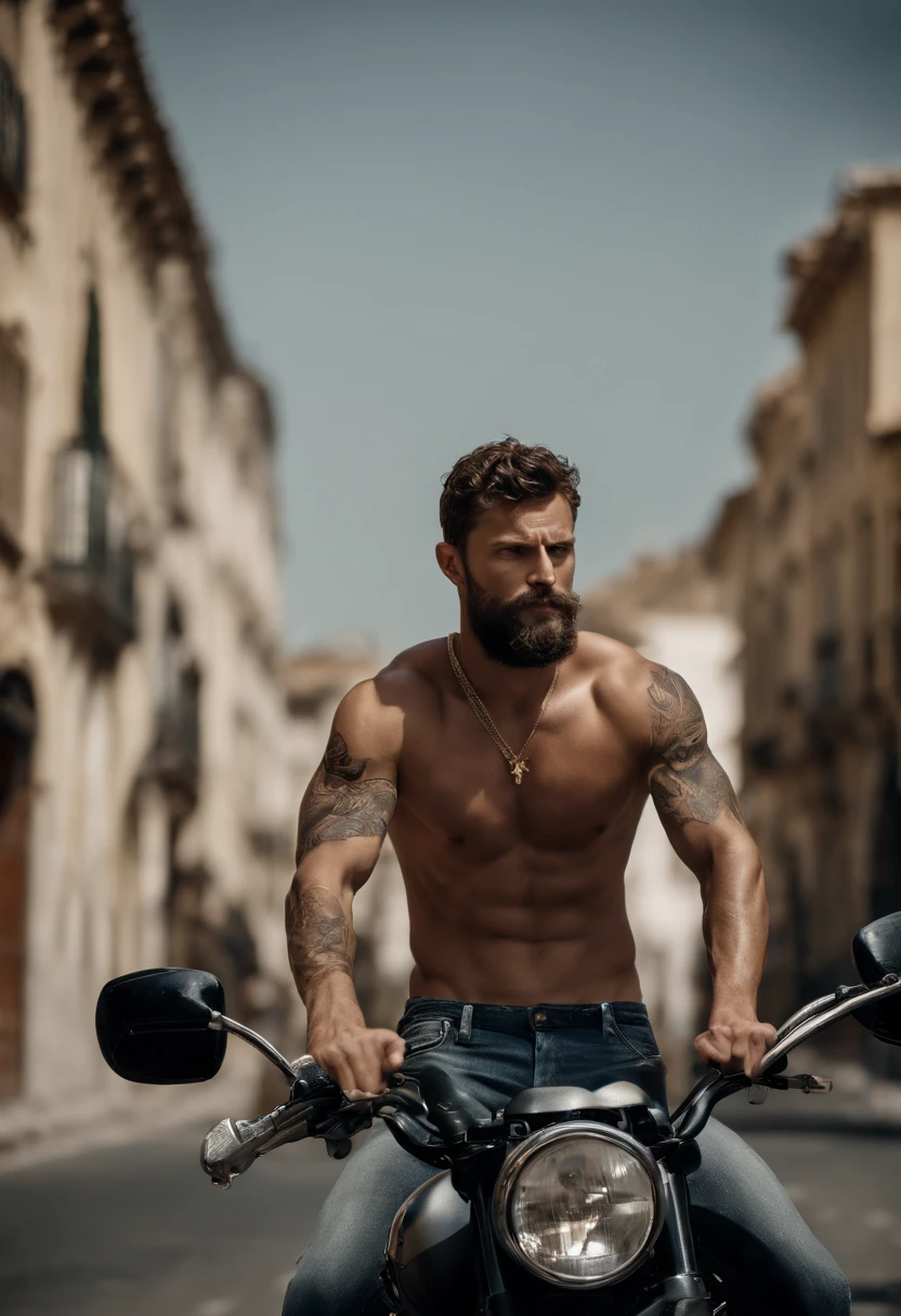 1man, tattoos on arms, five fingers, short hair, muscular, beard,shirtless, no shirt, hairy muscular chest, gold chain, necklace, open jeans, lamppost,(masterpiece, best quality, highres, ultra detailed ),spain \(city\), (driving a motorcycle on the street ) , looking at viewer, front view, dynamic pose, ripping his shirt open, Jamie Dornan lookalike
