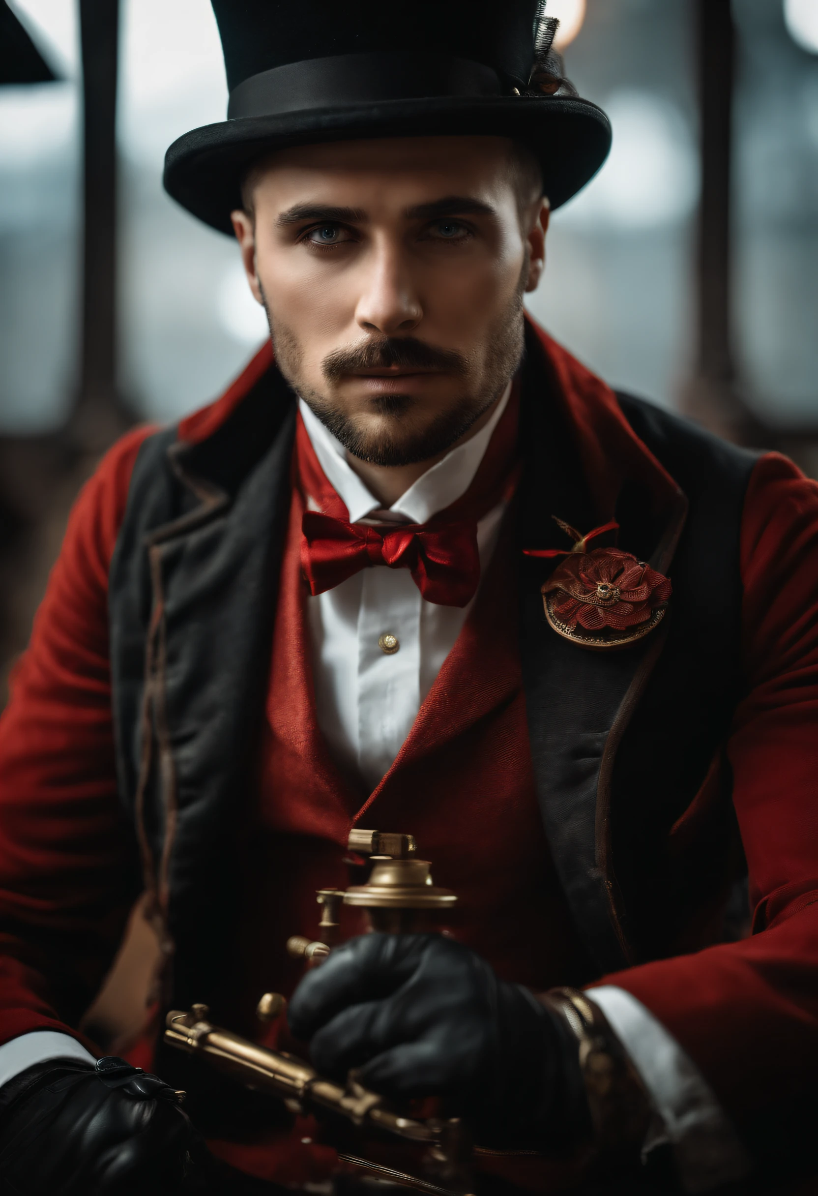 (best quality,ultra-detailed,realistic:1.37),portrait,steampunk,cyberpunk,vibrant colors,detailed clothing,red outfit,gentleman,without beard,short hair,wearing goggles,top hat,bowtie,mechanical accessories,brass accents,leather gloves,background with gears and cogs,industrial setting,soft lighting,smoky atmosphere,expressive eyes,intense gaze,confident expression