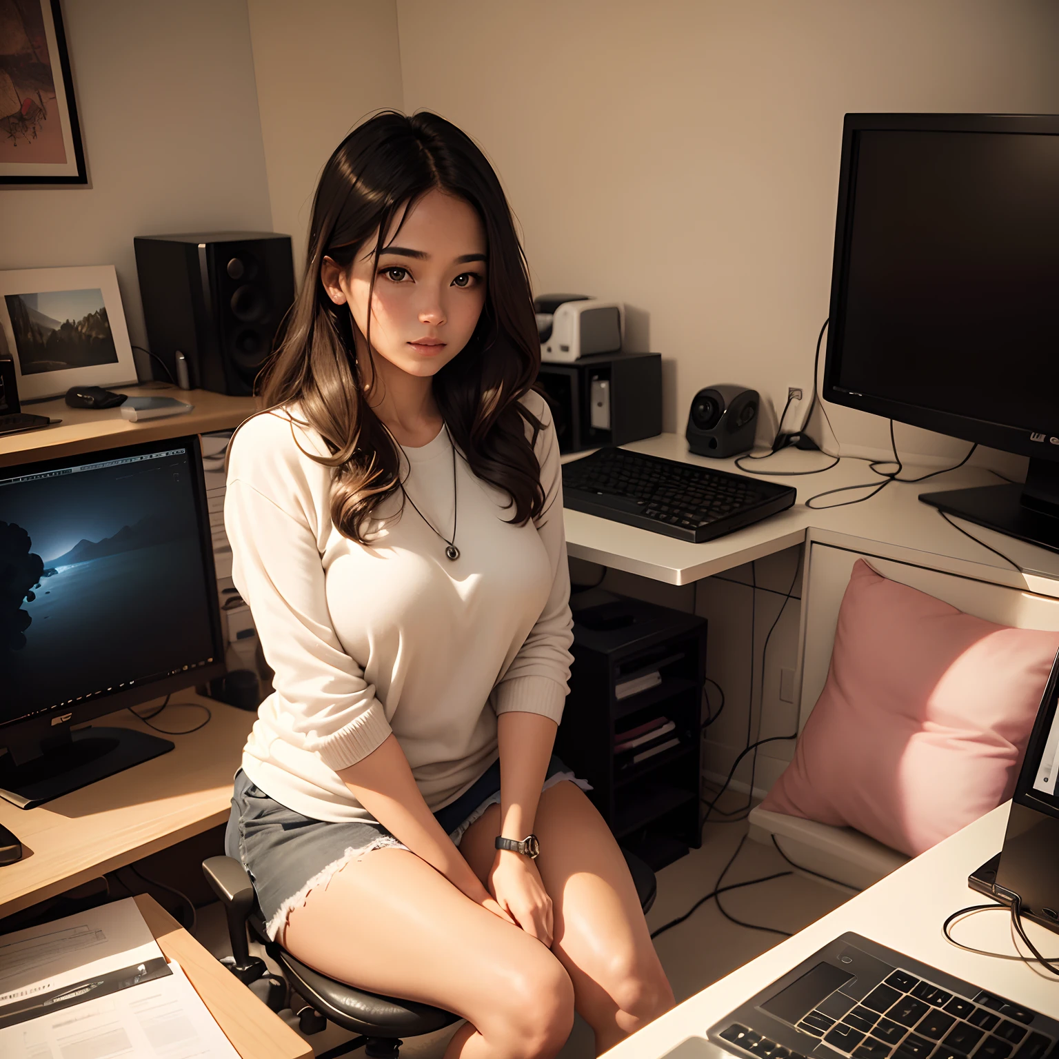 Ultra-realistic photo of the world's most beautiful woman sitting in front of a computer in her bedroom