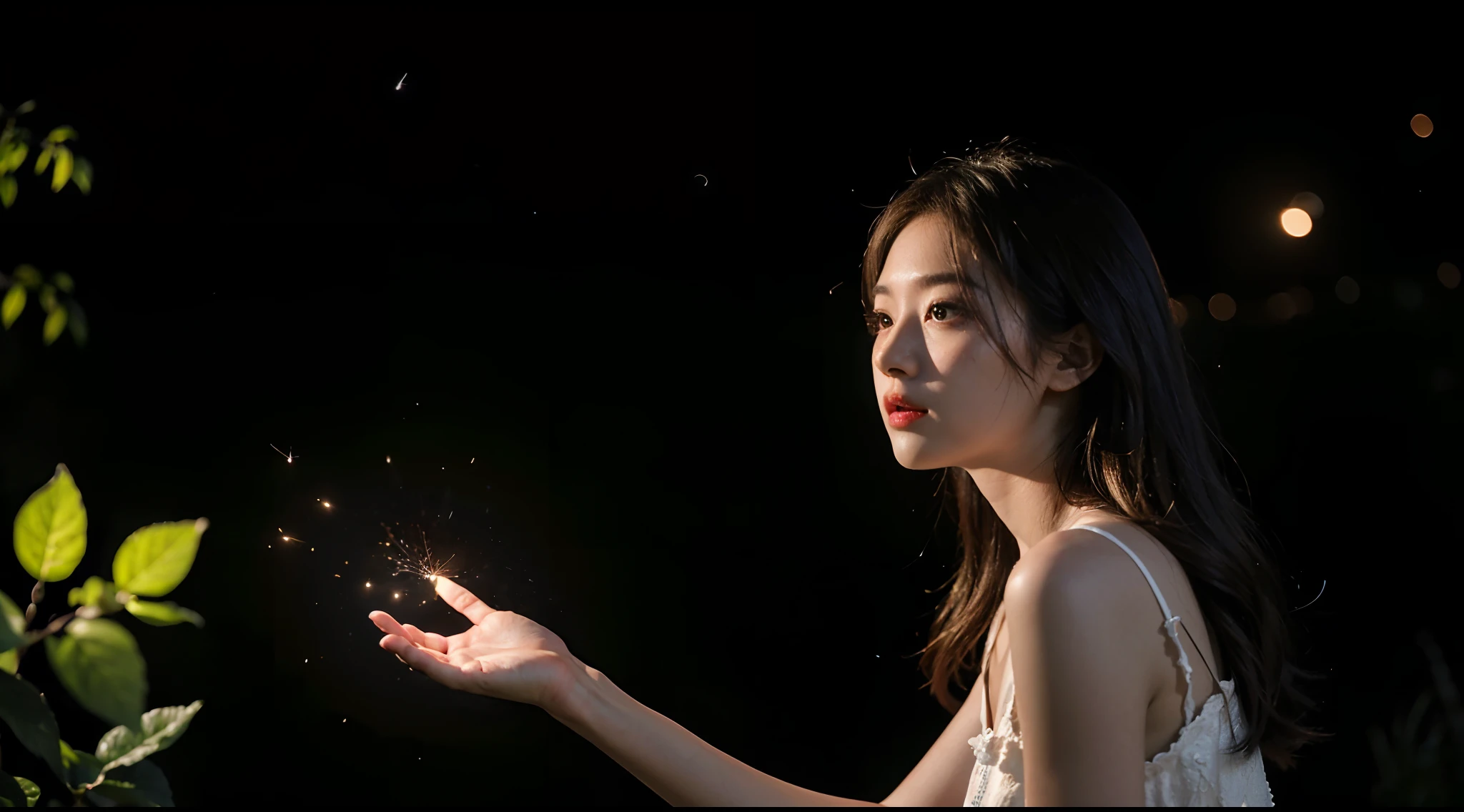 (8k, top quality, masterpiece: 1.2), (realistic, photorealistic: 1.37), super detail, one girl, wide angle of view, firefly garden, lots of small faint light and fireflies flying around, night