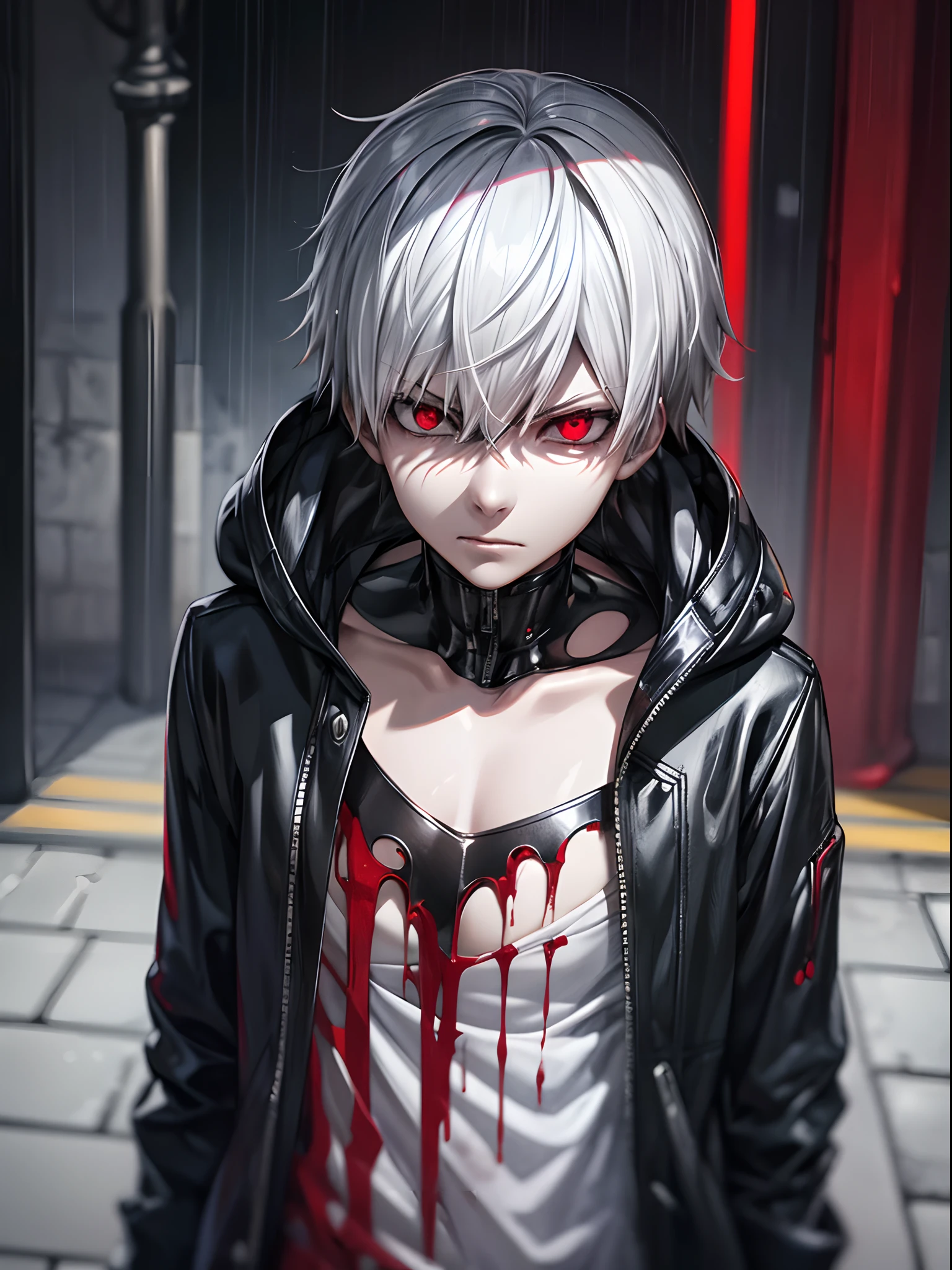 A male character, Kaneki Ken, hoodie, dripping rain, red and black color palette, detailed eyes and face, red eyes, silver hair, menacing aura, dark ambiance, mysterious atmosphere, intense expression, urban setting, smoke and shadows, haunting presence, stylish and edgy, ray tracing, perfect blend of light and darkness, intense gaze, captivating presence, sleek and sharp, contrast of red and black, intense emotions, supernatural powers suggested, rain-soaked streets, an air of danger, enigmatic persona, urban gothic aesthetic, stormy weather, captivating and alluring, a touch of blood red, smoky streets, brooding protagonist, stormy skies