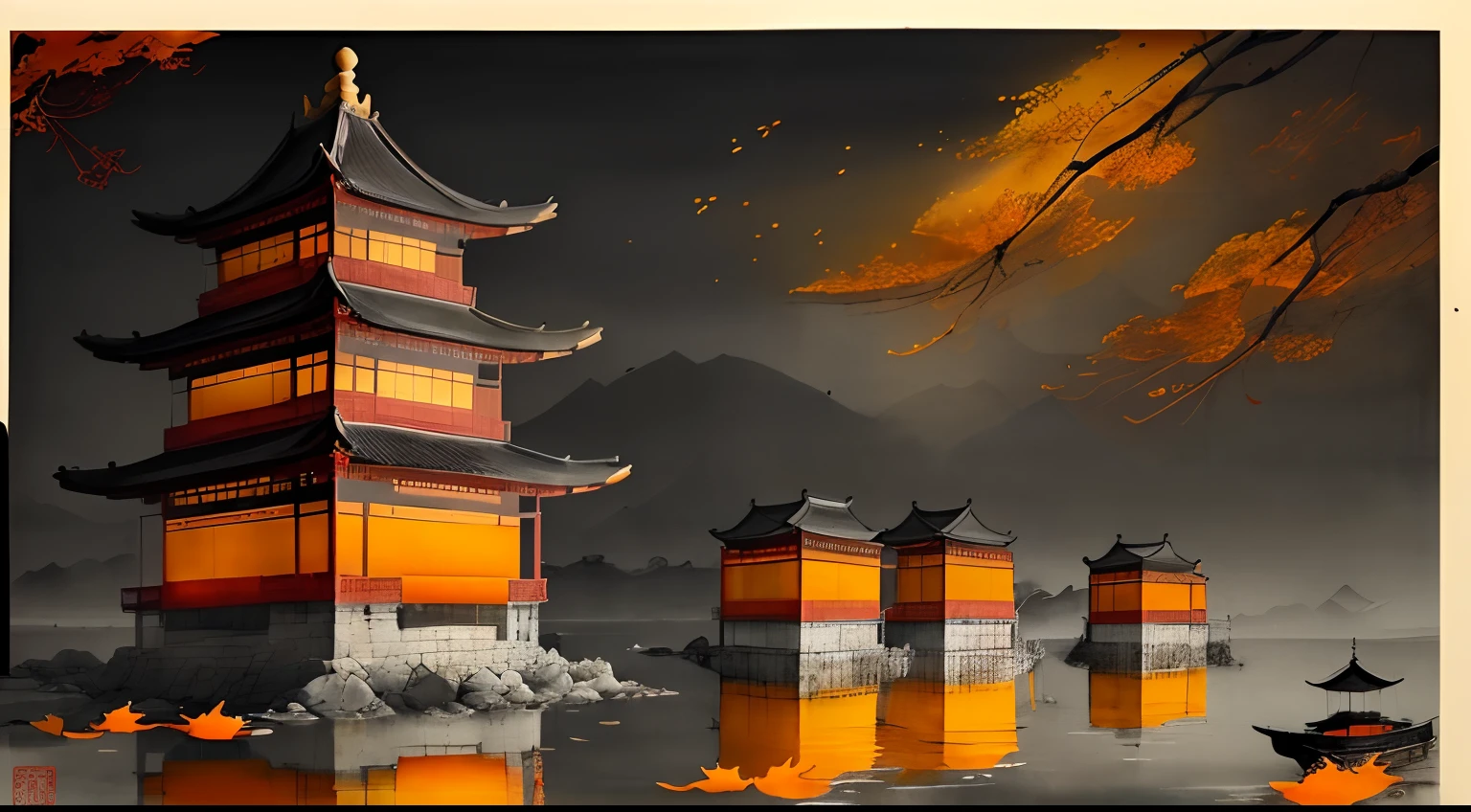 A city built on water, Traditional ink painting Drawing on rice paper Use thick, transparent ink to create light and dark variations and layers, autumn tree colors (yellow, orange and red) Beautiful view of autumn Lonely atmosphere. traditional Chinese art, traditional Chinese painting, ink painting blotting, ink painting blotting, Chinese painting style.