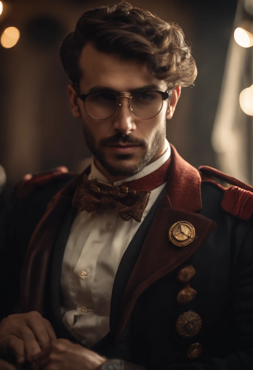 (best quality,ultra-detalhado,Realistic:1.37),retrato,Steampunk,Cyberpunk,cores vibrantes,roupas detalhadas,roupa vermelha,cavalheiro,sem barba,short hair,wearing goggles,Cartola,bowtie,Mechanical Accessories,Brass details,luvas de couro,Fundo com engrenagens e engrenagens,ambiente industrial,soft lighting,smoky atmosphere,olhos expressivos,olhar intenso,confident expression