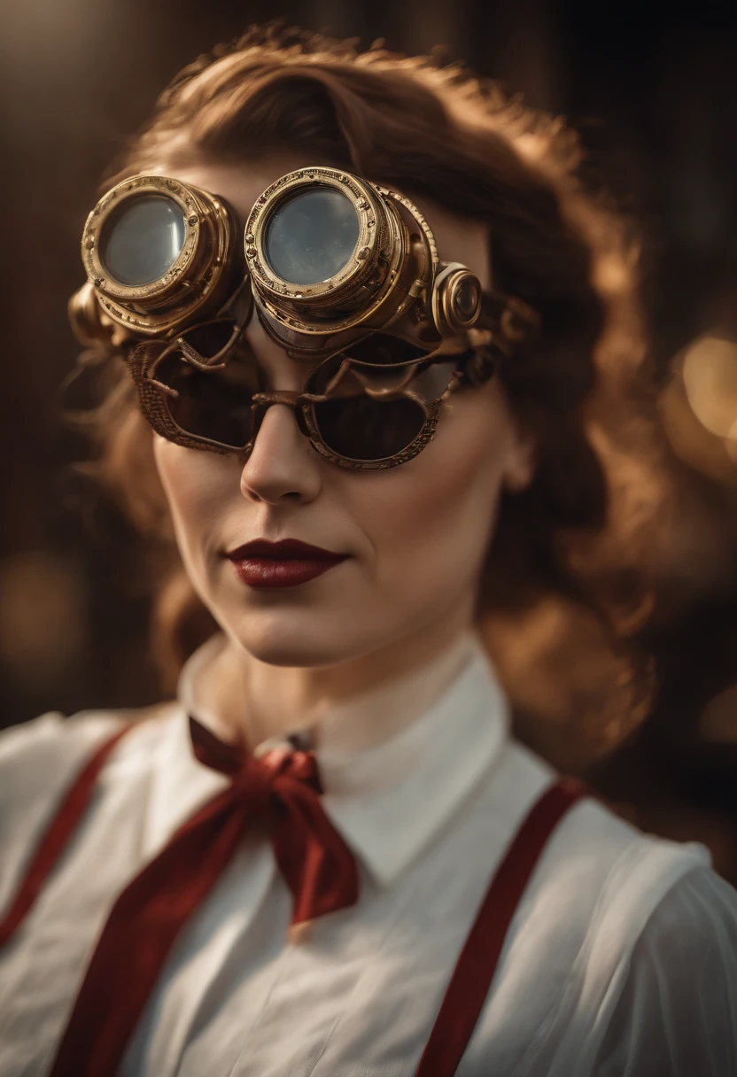 (best quality,ultra-detalhado,Realistic:1.37),retrato,Steampunk,Cyberpunk,cores vibrantes,roupas detalhadas,roupa vermelha,cavalheiro,sem barba,short hair,wearing goggles,Cartola,bowtie,Mechanical Accessories,Brass details,luvas de couro,Fundo com engrenagens e engrenagens,ambiente industrial,soft lighting,smoky atmosphere,olhos expressivos,olhar intenso,confident expression