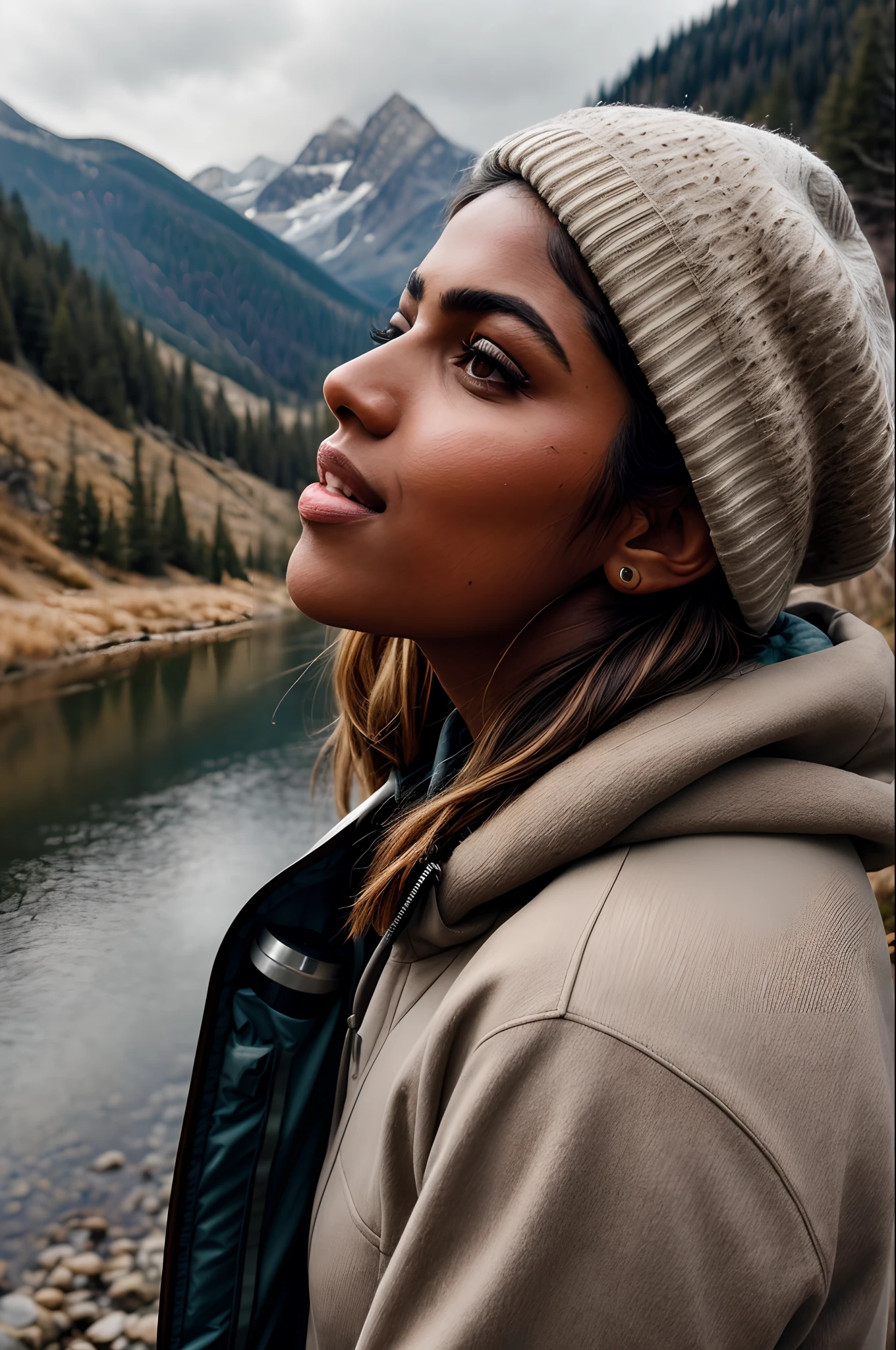 1 woman, Amala Paul actress, ((upper body selfie, happy)), masterpiece, best quality, ultra-detailed, solo, outdoors, (night), mountains, nature, (stars, moon) cheerful, happy, backpack, sleeping bag, camping stove, water bottle, mountain boots, gloves, sweater, hat, flashlight, forest, rocks, river, wood, smoke, shadows, contrast, clear sky, analog style (look at viewer:1.2) (skin texture) (film grain:1.3), (warm hue, warm tone)
:1.2), close up, cinematic light, sidelighting, ultra high res, best shadow, RAW, upper body, old man, wearing pullover