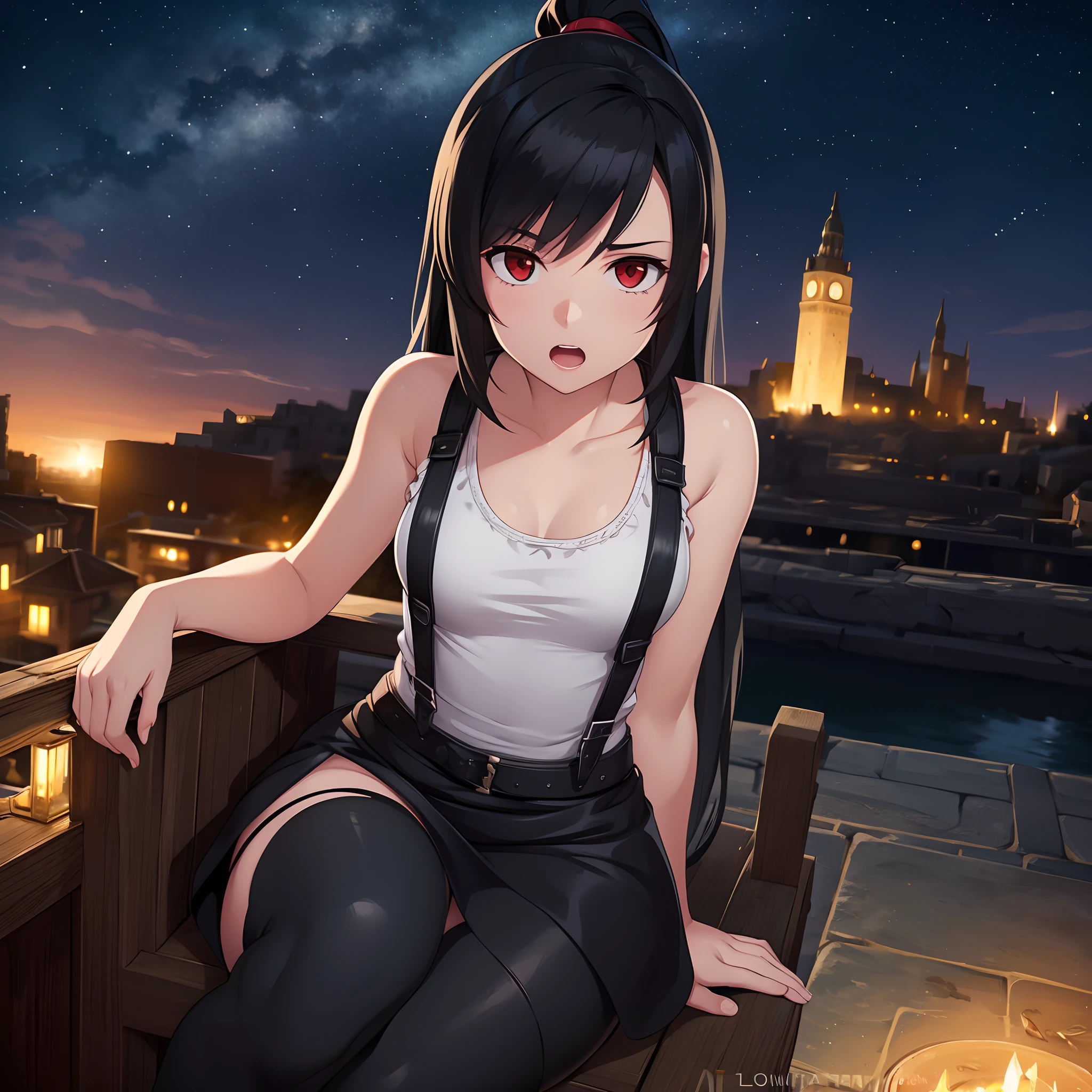 Tifa Lockhart, MKSKS style, (Very detailed background:1.0), (Highly detailed background:1.0), final fantasy vii remake, (Red Eyes), 1girl in, Bare shoulders, aqua dress, Black hair, Green dress, Sleeveless dress , sundress, Duan, Long hair, Night, nigh sky, Open mouth, Outdoors, Ponytail, Sitting, skyporn, Sleeveless, Sleeveless dress, Star (skyporn), Starry sky, Town, aged down, Small breasts, ((white frills)), (White Dress),