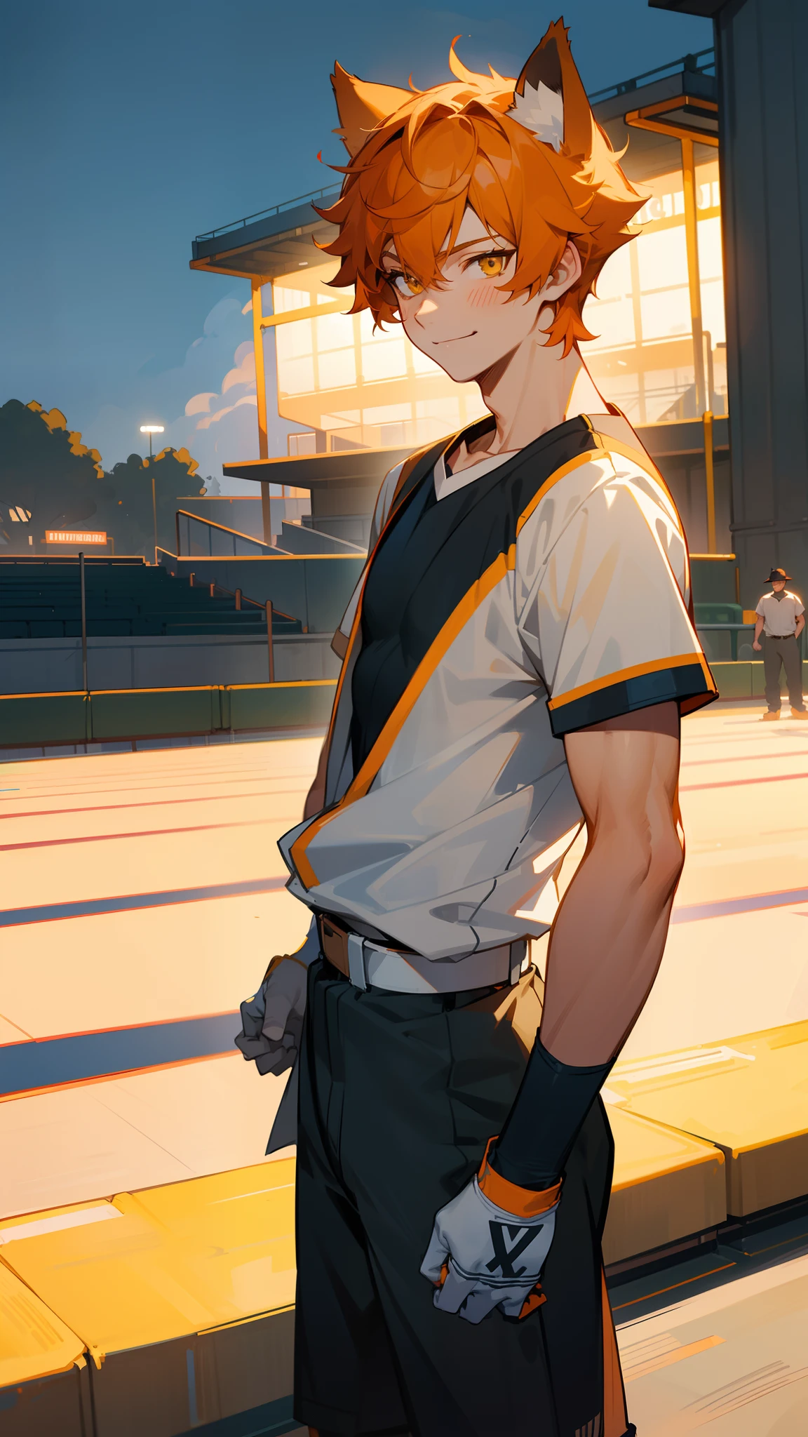 1boy,solo,20s,muscles,happy face,school sport outdit, orange hair,short hair,yellow eyes,wolf ears,(((standing in a high school baseball stadium))),night,cowboy shot