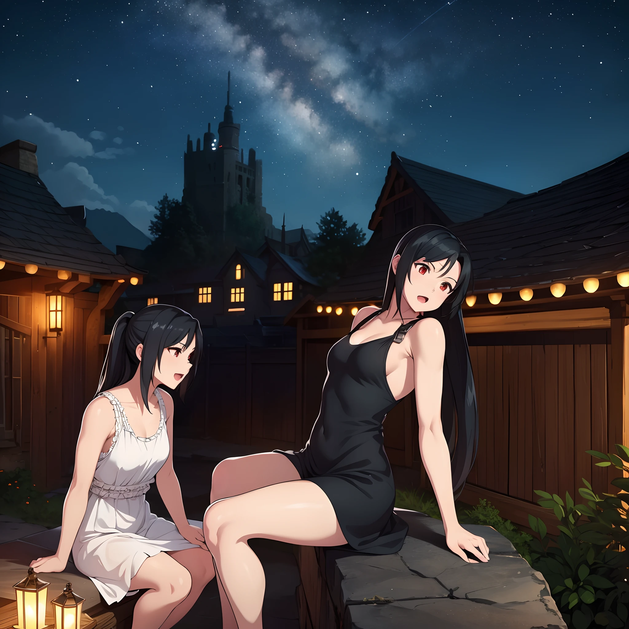 (masterpiece:1.2, best quality), (highly detailed:1.3), 3girls, three 17yo girls, long hair, (white panties), naked, nipple, topless, sitting in street cafe, on a seaside, mediterranean town, trees, smile, summer, warm, sunset, dark theme